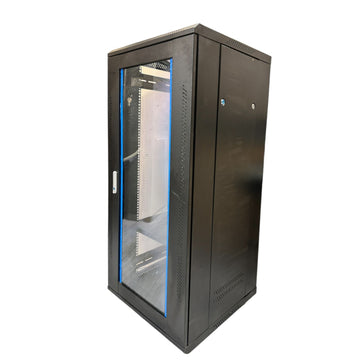 27U Free Standing Server Rack Cabinet with Tempered Glass Door and Adjustable Shelves for Equipment Storage