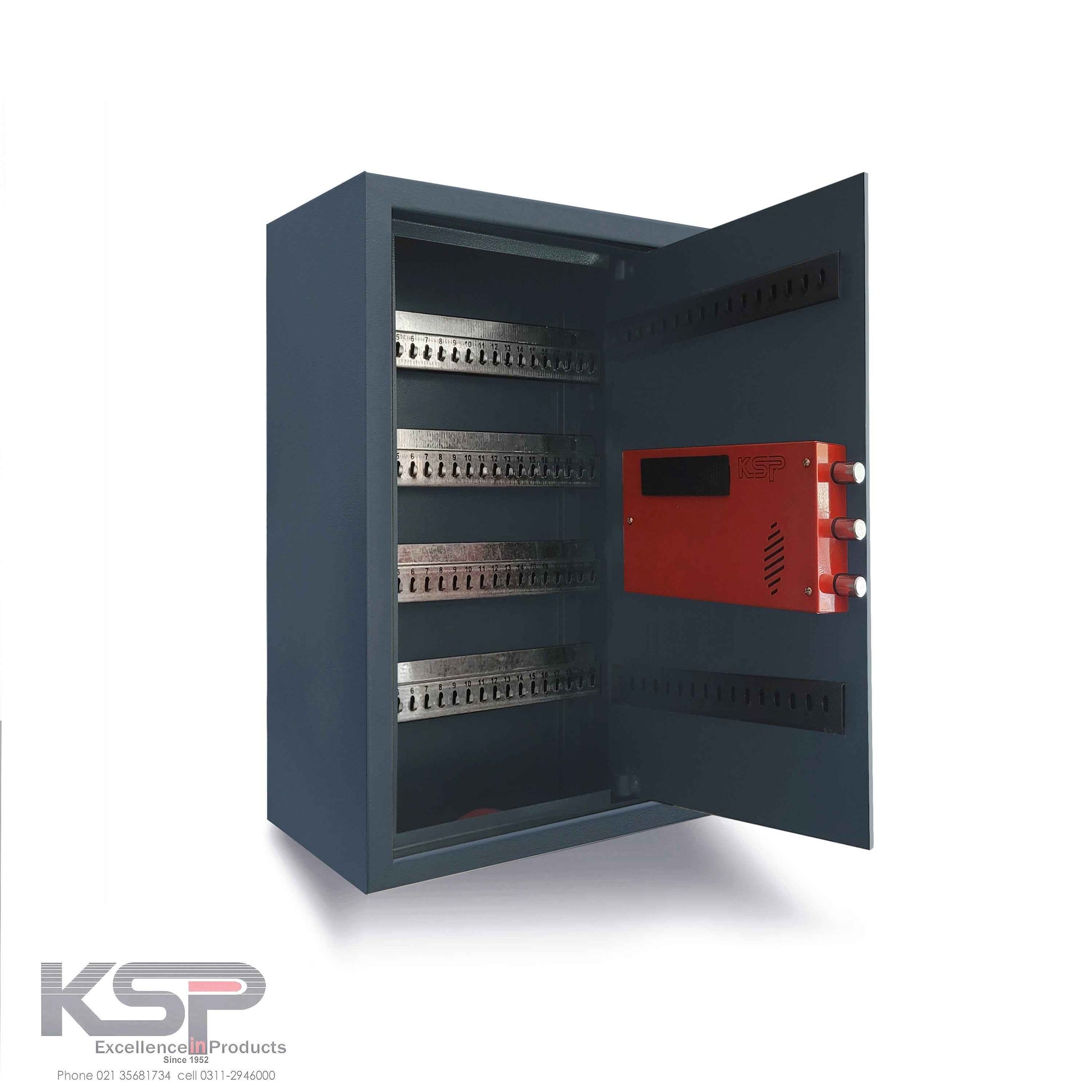 Digital Key Cabinet Locker KSP gray metal cabinet with open door showing rows of key slots and red control unit