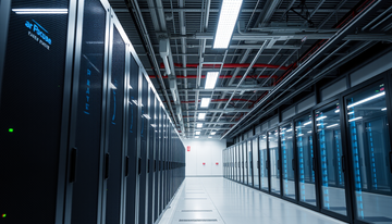 A row of modern IT server racks in a data center