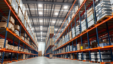 Industrial storage racks in a large warehouse