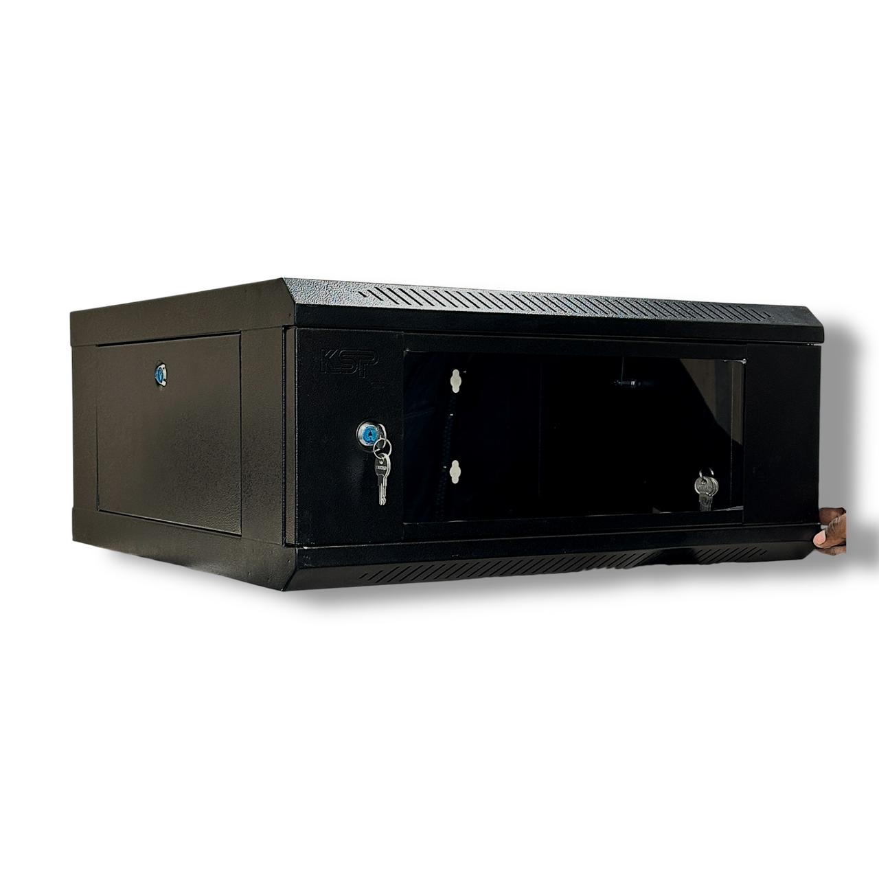 4U Wall Mount Server Rack Cabinet in black, featuring a glass door and secure lock for equipment storage