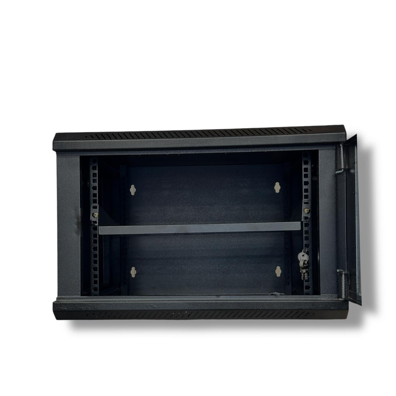 6U Wall Mount Server Rack Cabinet in black with a sturdy design and adjustable shelves for secure equipment storage