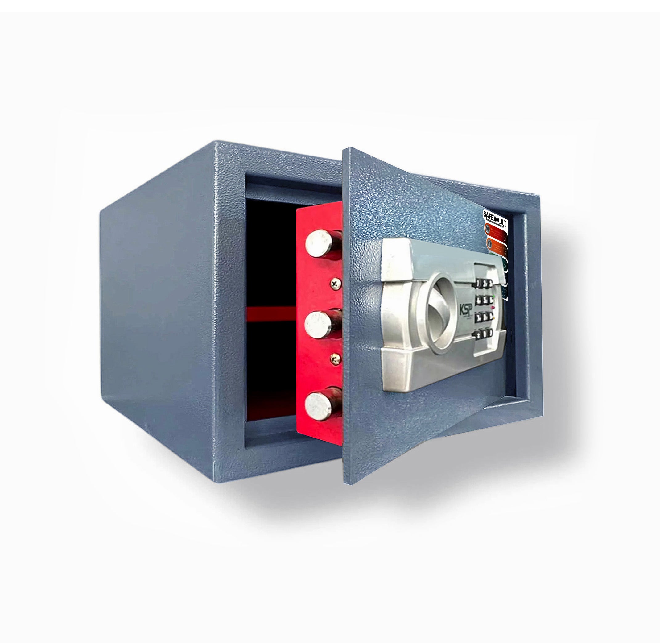 KSPSafe and Vault Digital Locker EG-25 open safe with electronic keypad four locking bolts red interior