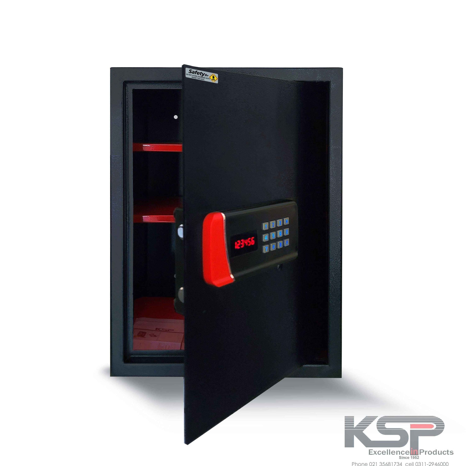 KSP Safe&Vault Digital Locker EM-50 black security safe with electronic keypad and red handle