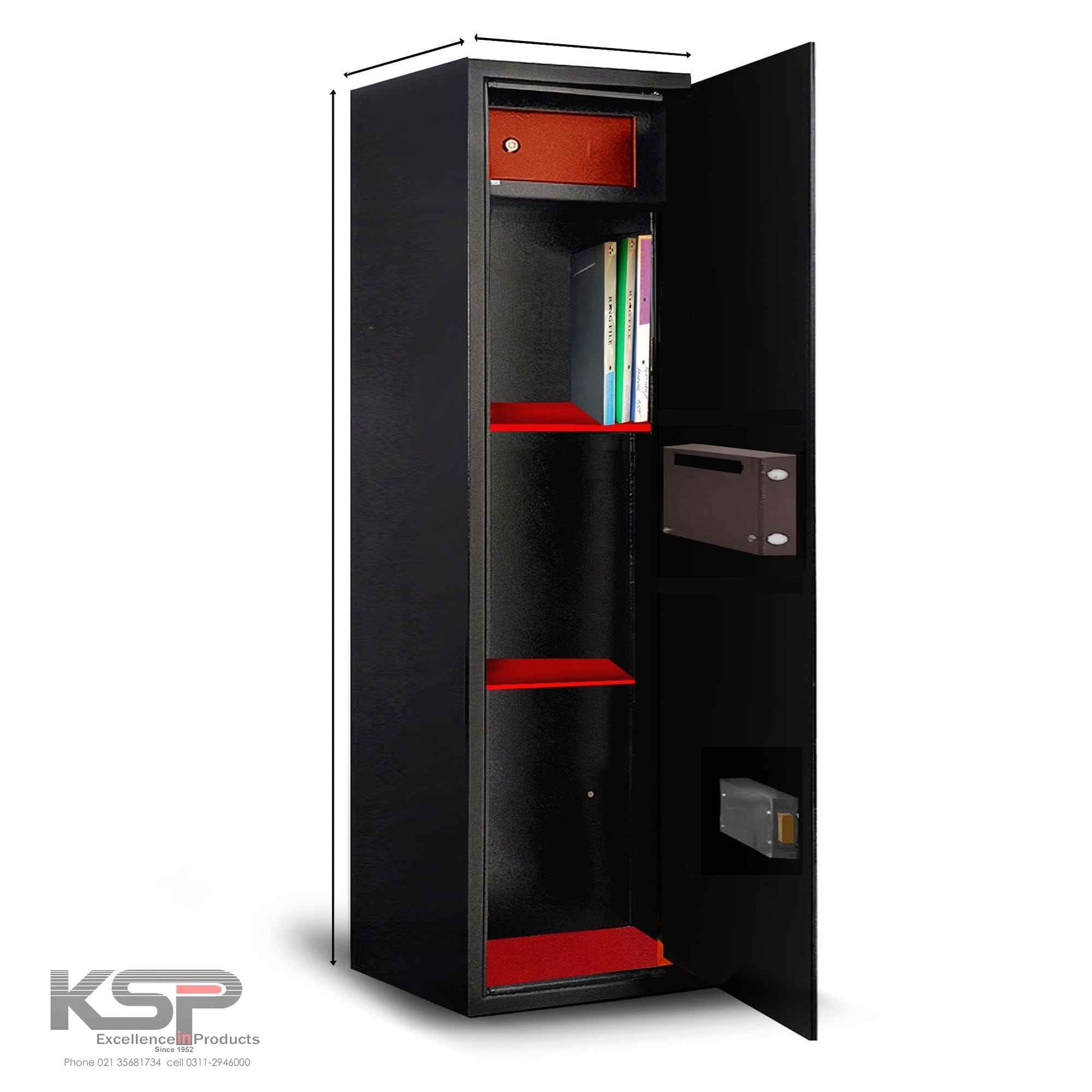 KSP Safe&Vault Digital Lockers ED-200 Gun Safe with open door showing multiple red shelves and interior compartments