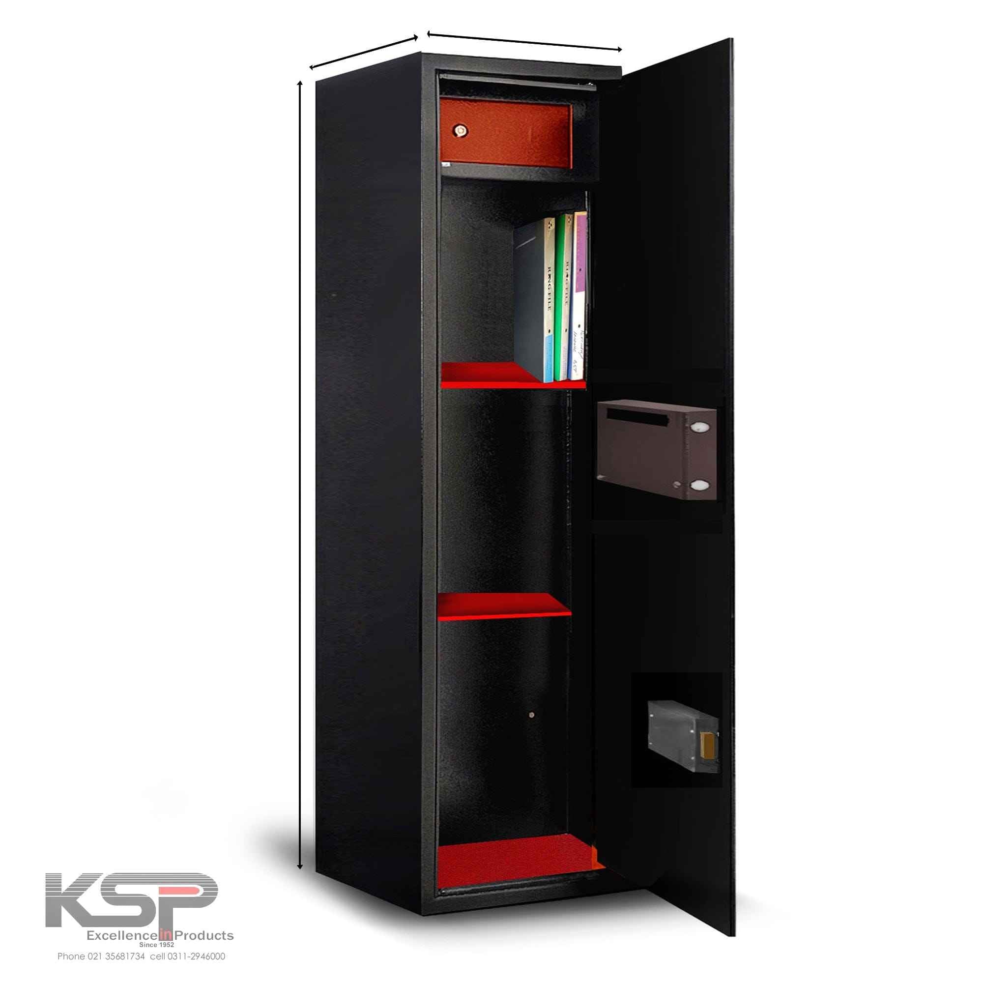 KSP Safe&Vault Digital Lockers ED-200 Gun Safe with open door showing multiple red shelves and interior compartments