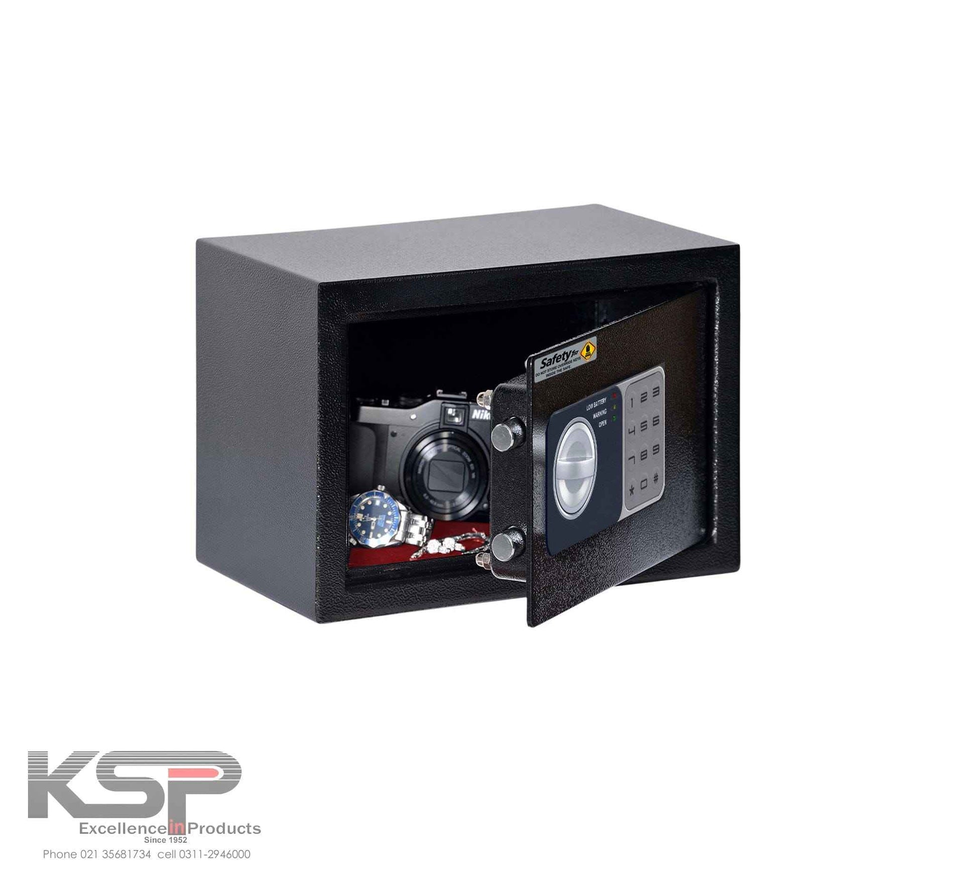 KSP Digital Locker EGN-20 black security safe open with camera and watch inside