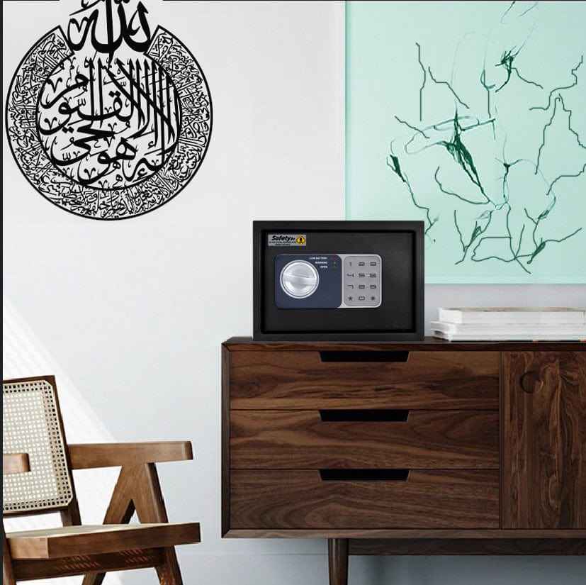 KSP Digital Locker EGN-20 security safe with digital keypad on wooden cabinet in modern living room