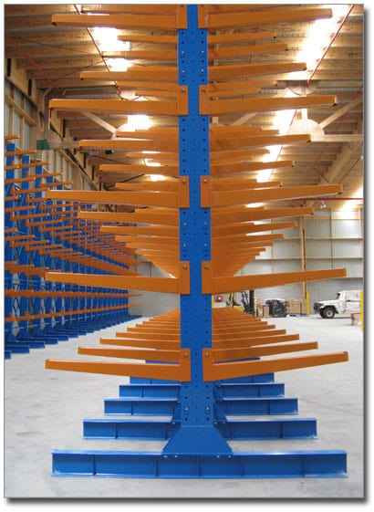 KSP SafeVault industrial Heavy Duty Racking with blue and orange heavy duty shelving arms in warehouse