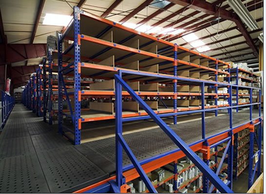 KSP Heavy Duty Industrial Racks in blue and orange with multiple storage shelves for efficient organization