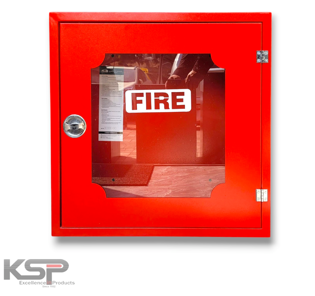 Kashif Steel Fire Fighting Cabinet with clear window and bright red finish for easy visibility