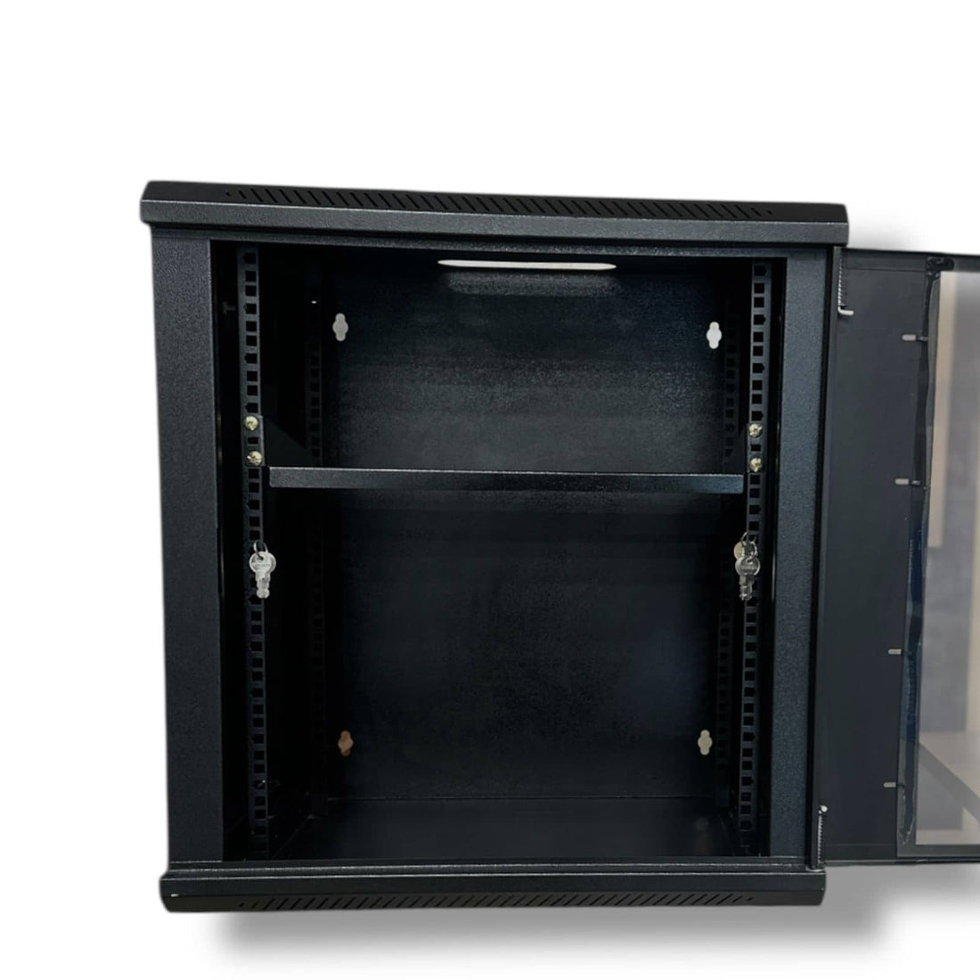 12U Wall Mount Server Rack Cabinet by Kashif Steel Products with a glass door and adjustable shelving