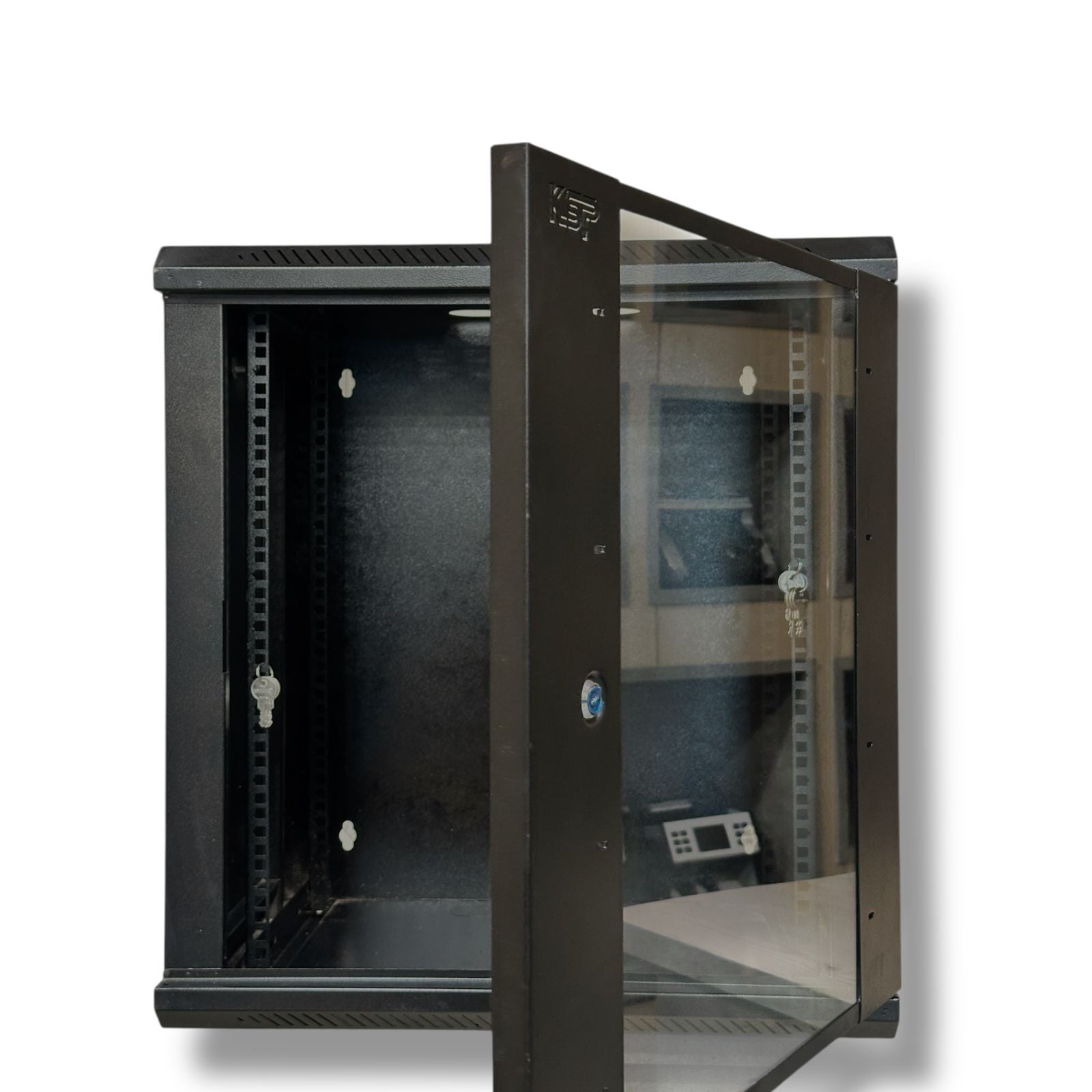15U Wall Mount Server Rack Cabinet by Kashif Steel Products with a glass door and adjustable shelving