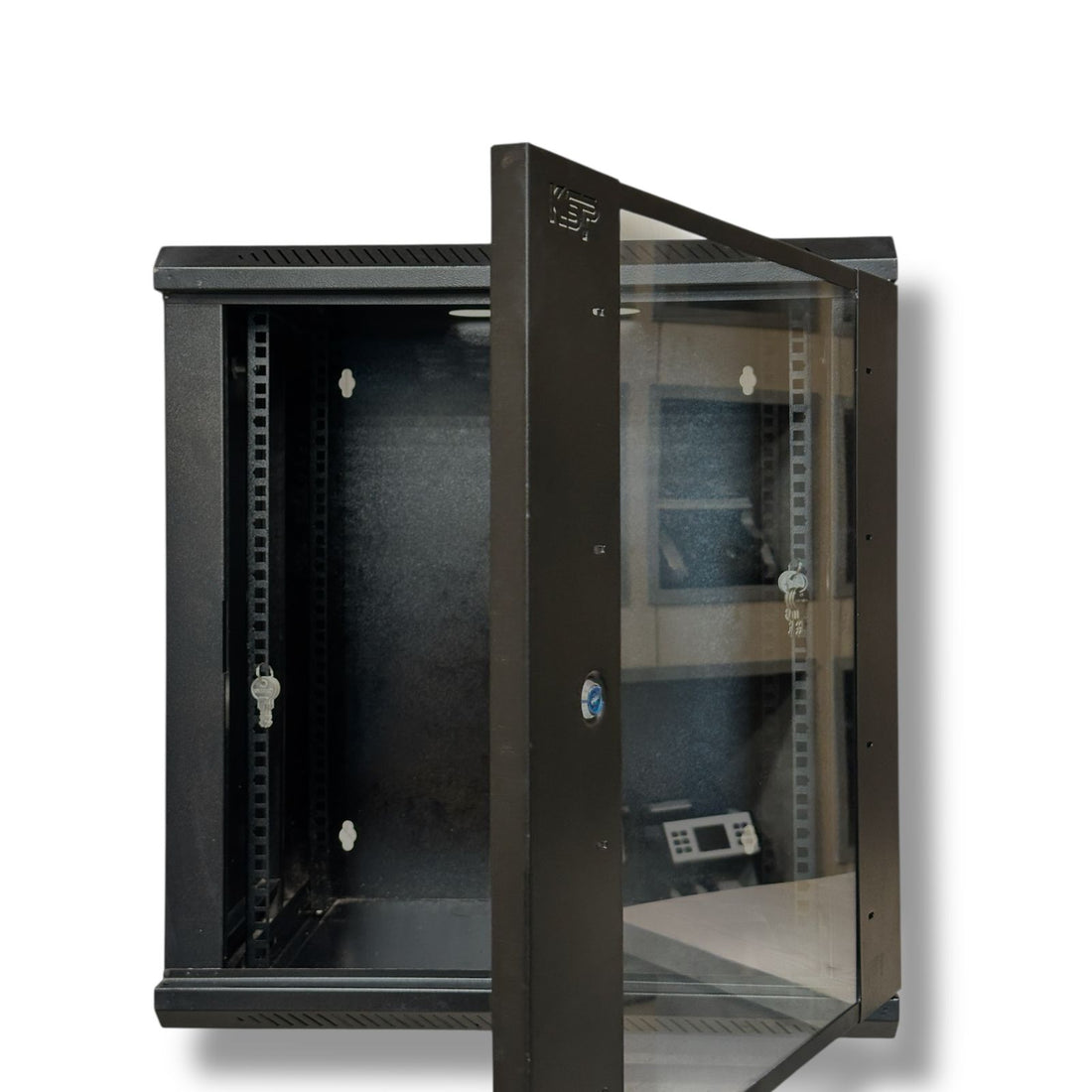 15U Wall Mount Server Rack Cabinet by Kashif Steel Products with a glass door and adjustable shelving