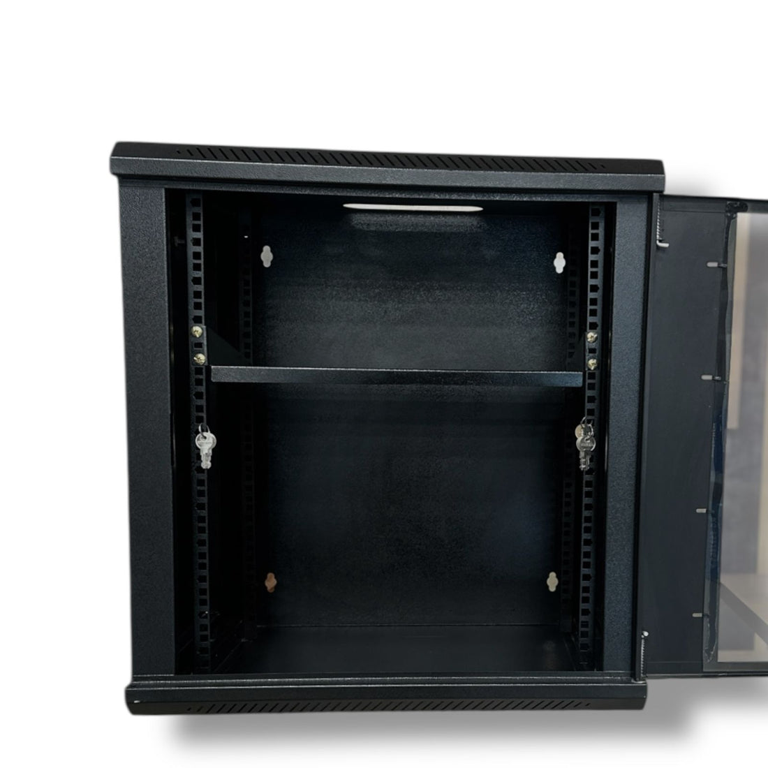 15U Wall Mount Server Rack Cabinet by Kashif Steel Products with a glass door and adjustable shelving
