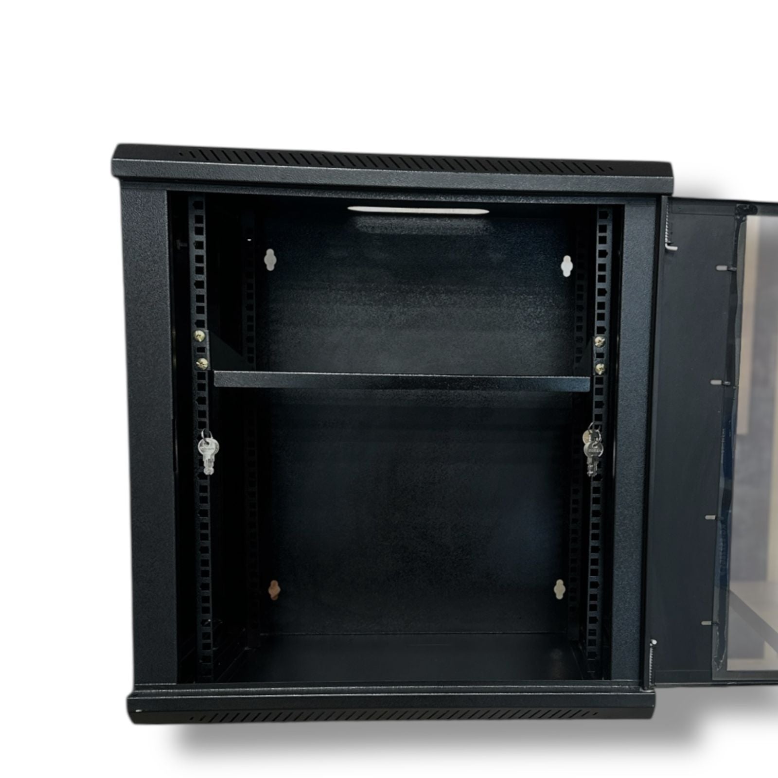 15U Wall Mount Server Rack Cabinet with adjustable shelves and glass door for secure equipment storage