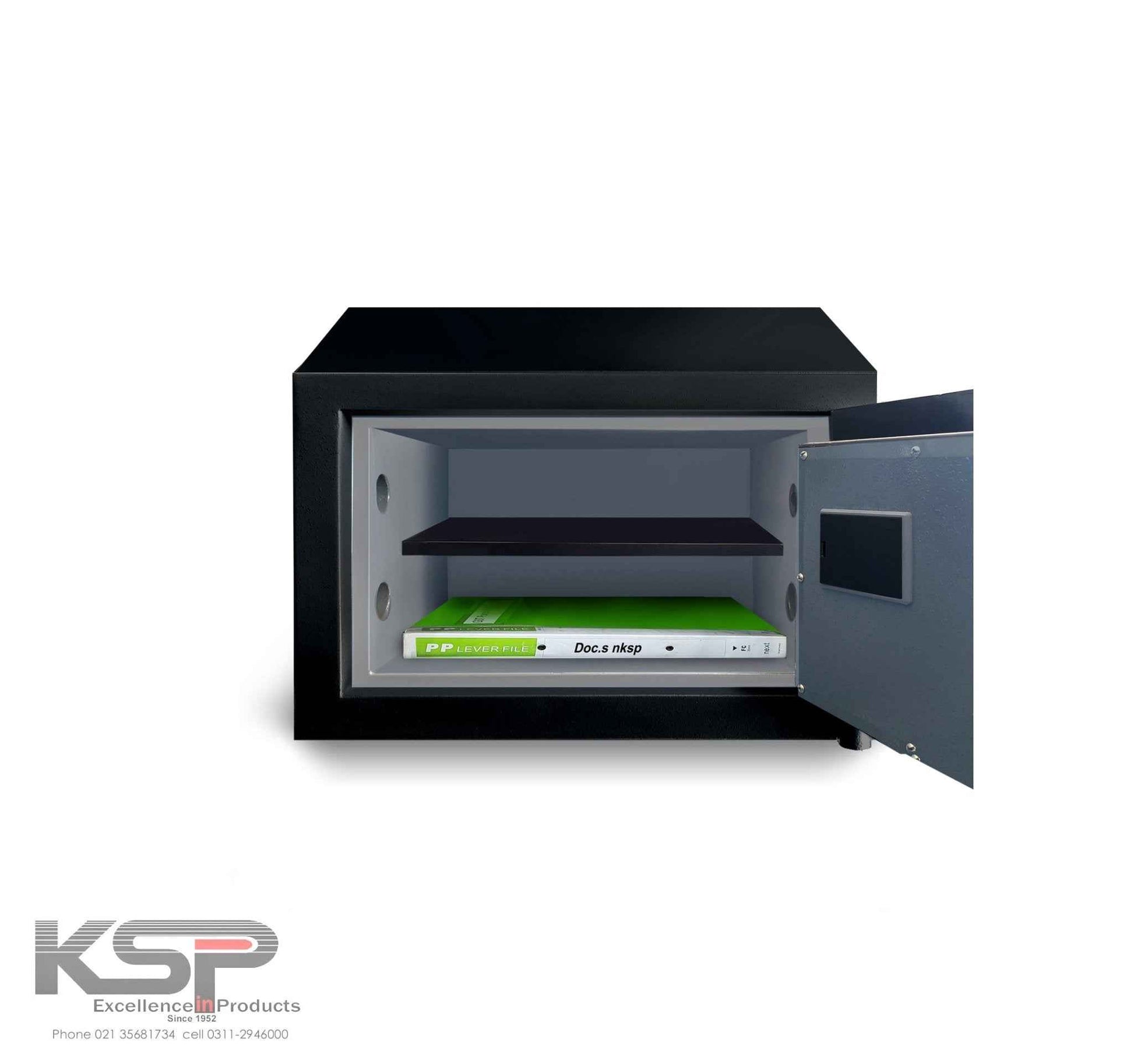 KSPSafeVault Bio-Metric Safe FRB-20 open showing black exterior gray interior shelf and biometric lock