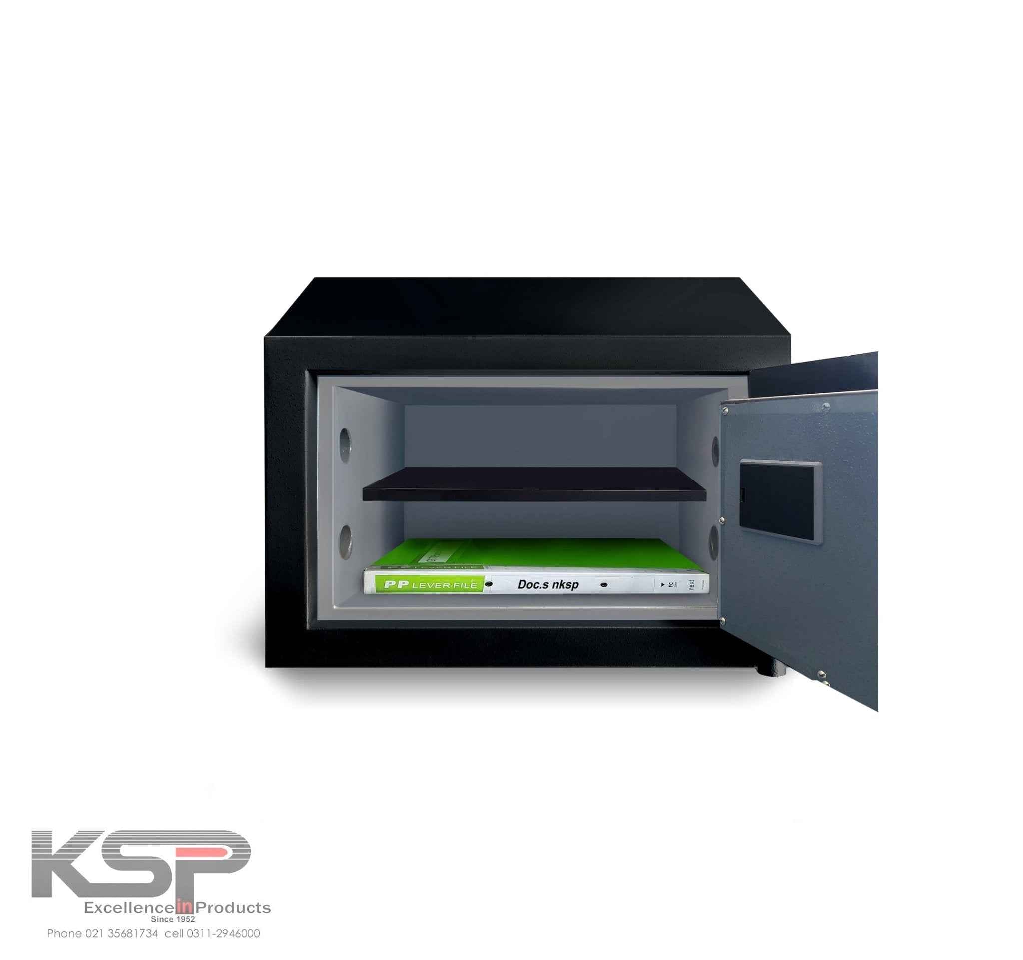KSPSafeVault Bio-Metric Safe FRB-20 open showing black exterior gray interior shelf and biometric lock