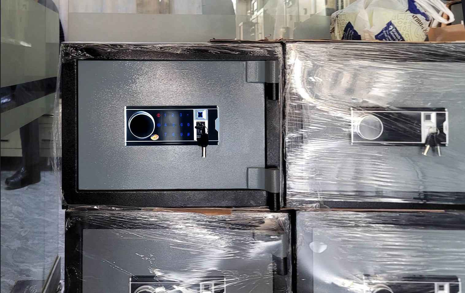 Bio-Metric Safe FRB-20 steel electronic safe with biometric keypad key override stacked and shrink wrapped