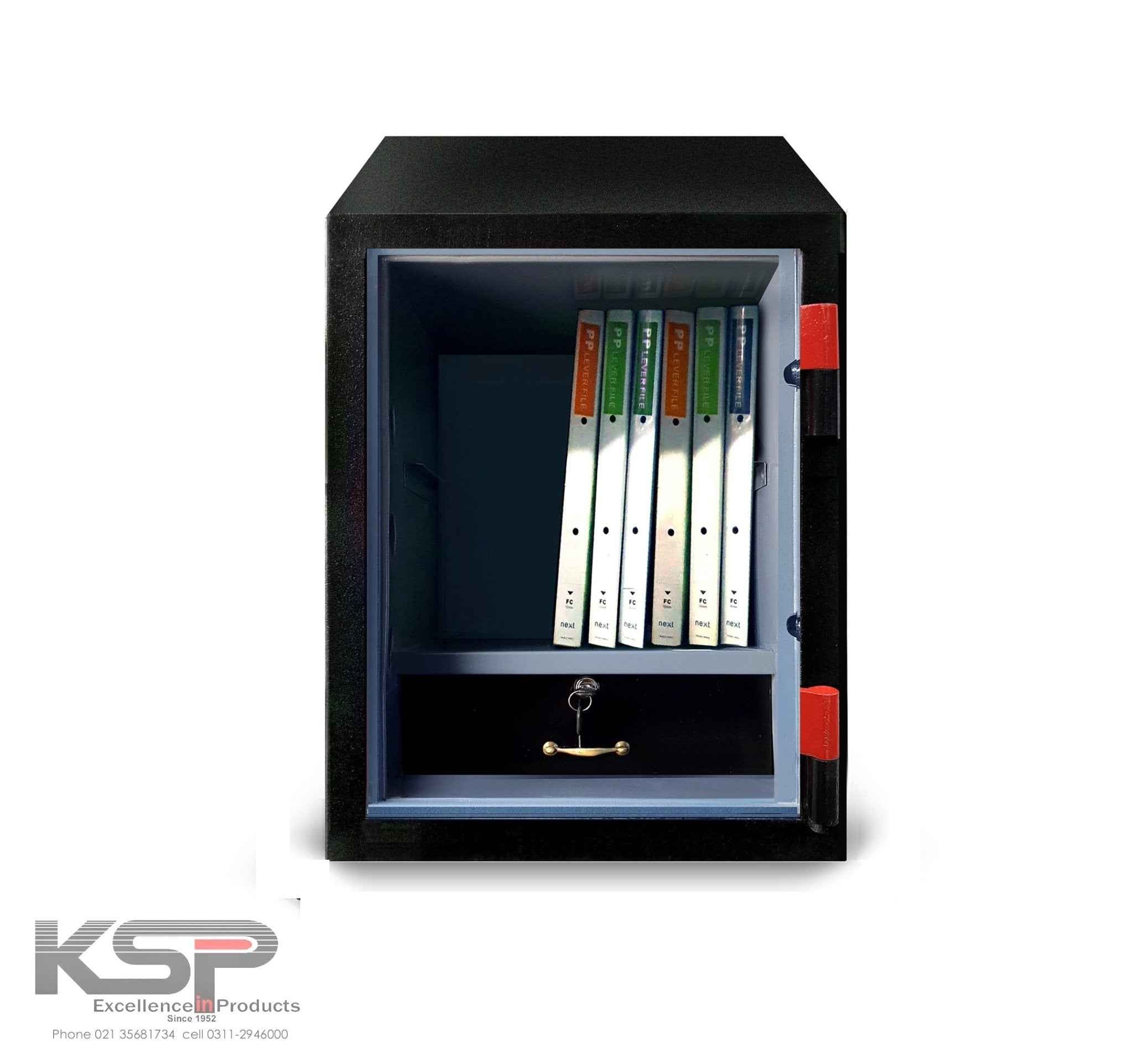 KSP Bio-Metric Safe FRB-24 open black safe with gray interior shelf holding binders and lower drawer with key
