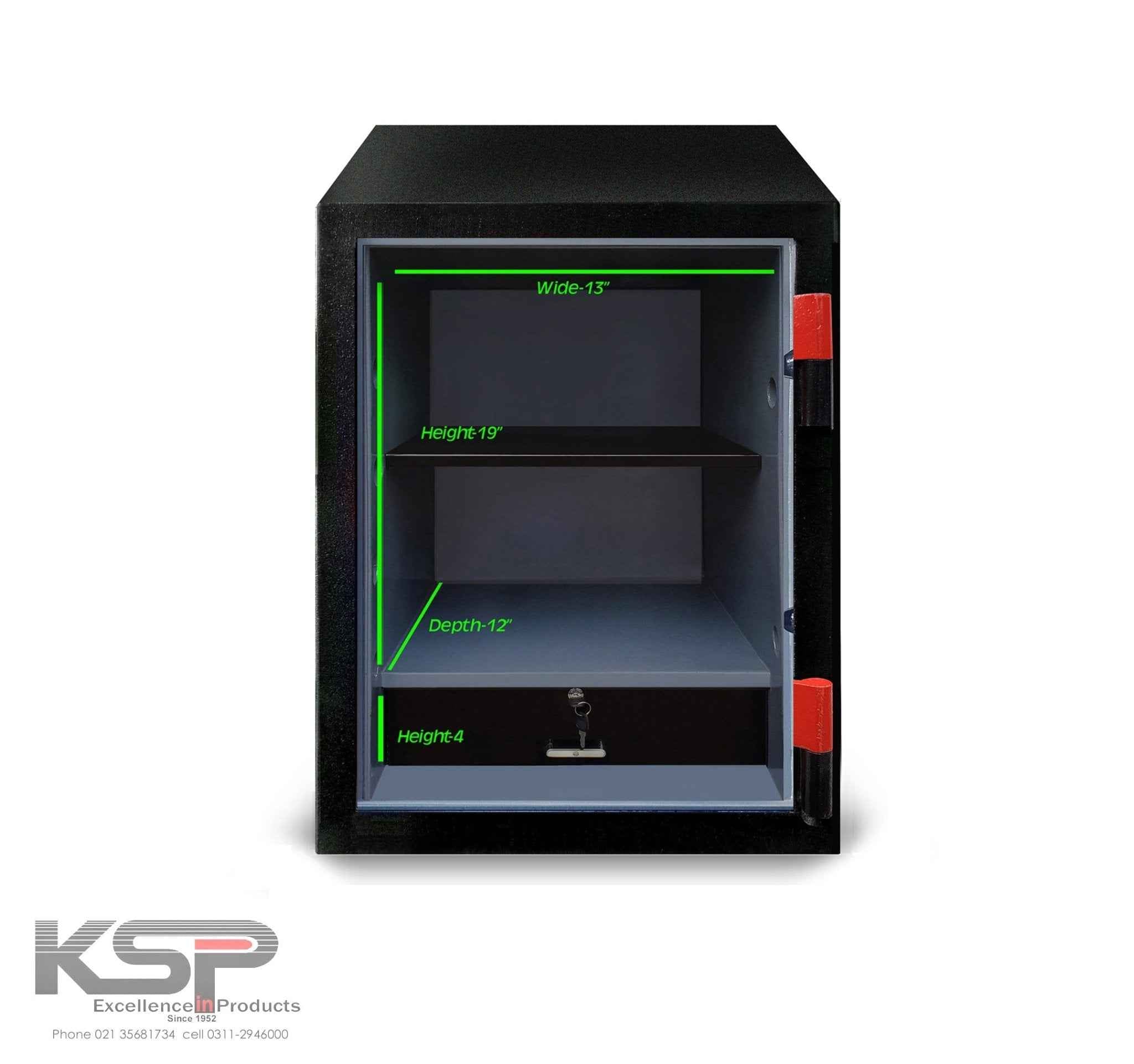 KSP Bio-Metric Safe FRB-24 open black security safe showing interior shelves lock and red hinge latches