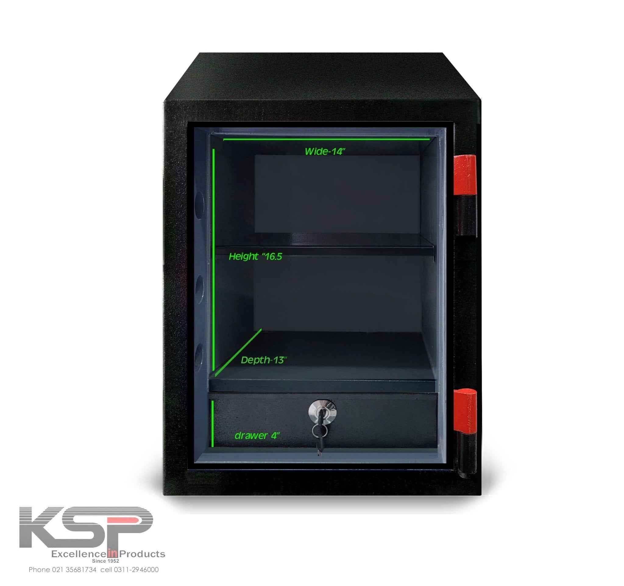 KSPSafe Vault black security safe open showing two shelves and locked drawer, Bio-Metric Safe FRB-28.