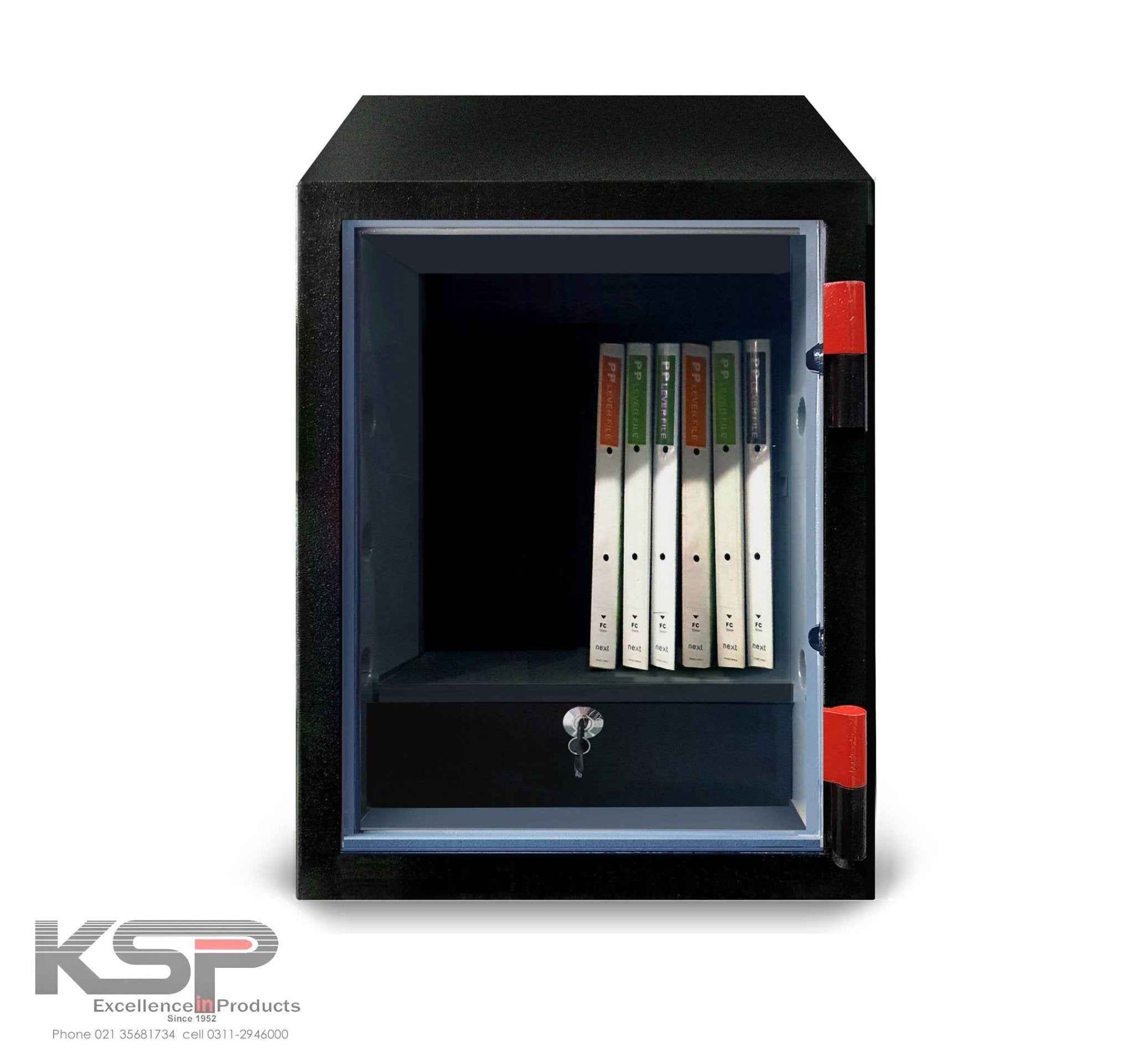 KSPSafeVault Bio-Metric Safe FRB-28 black security safe open with interior shelf folders and key lock drawer