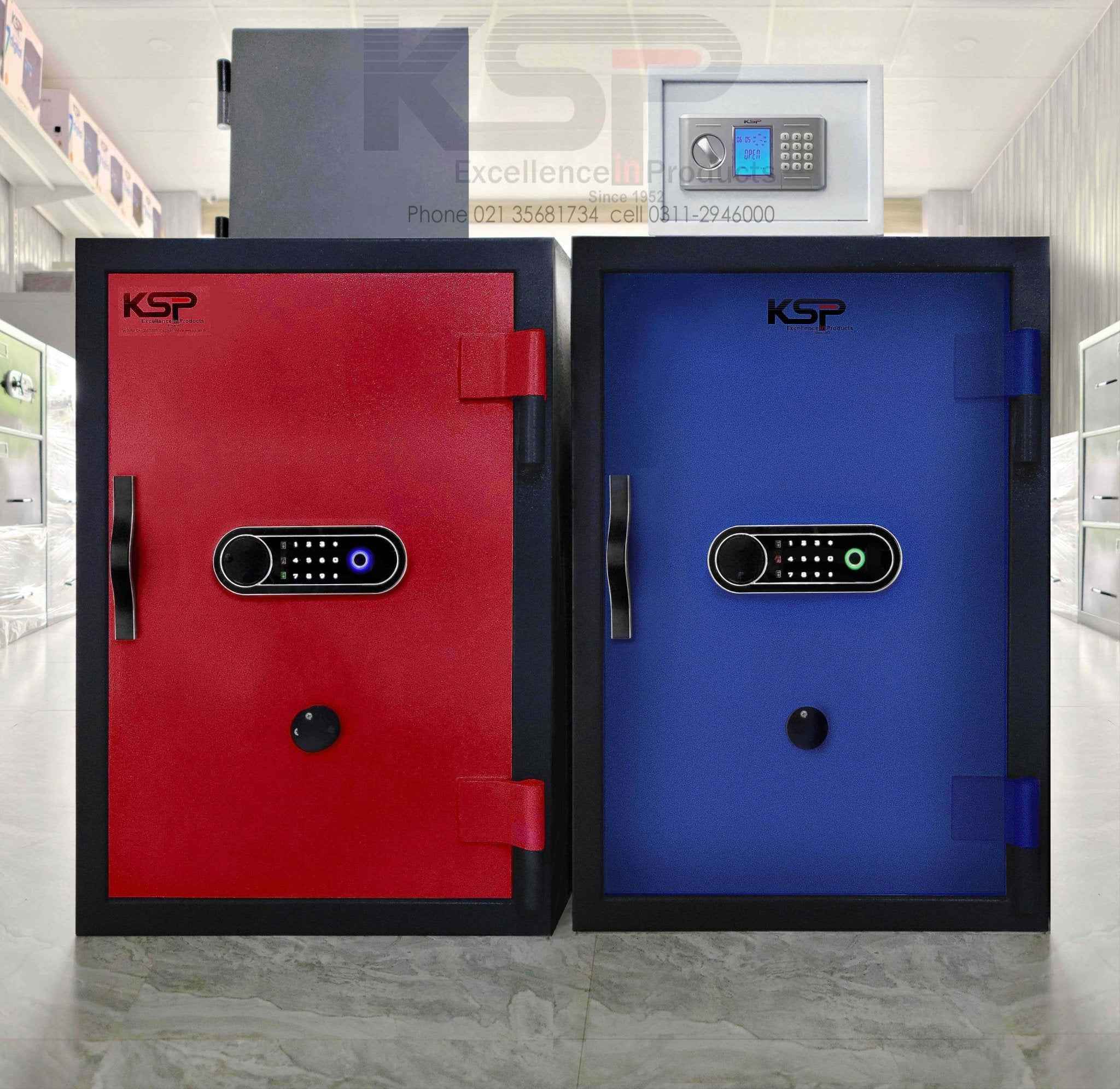 Pair of red and blue security safes with digital biometric keypad and lock Bio-Metric Safe FRB-28 in showroom