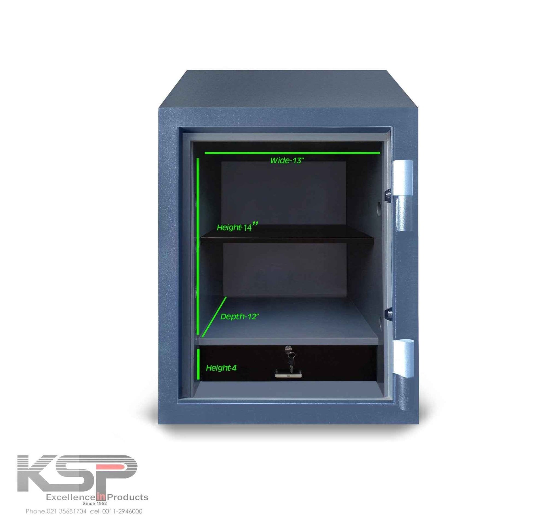 KSPSafe and Vault Bio-Metric Safe FRB-N24 open front showing two shelves and lockable drawer interior measurements