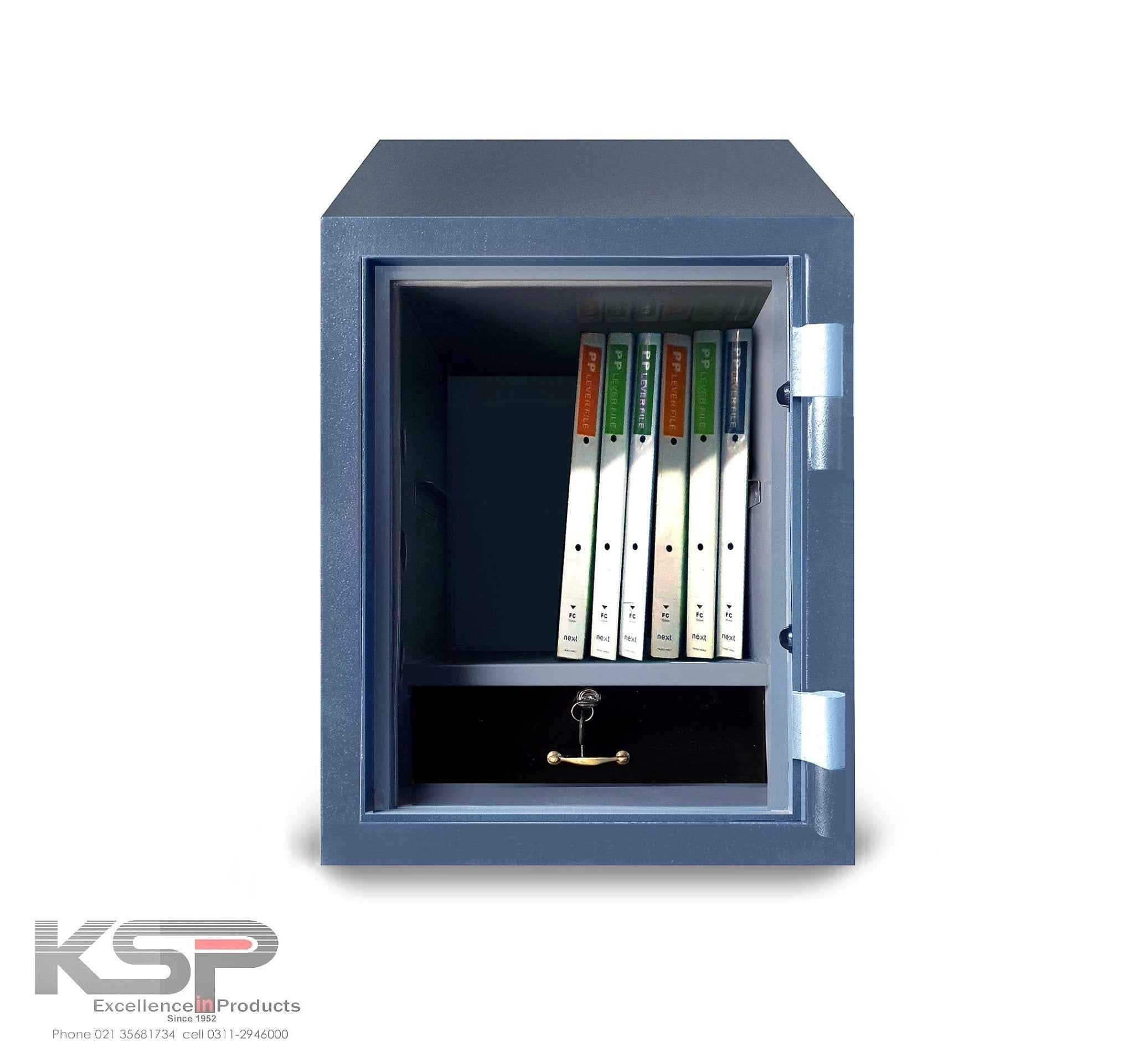 KSPSafe Vault Bio-Metric Safe FRB-N24 open blue security safe with documents and interior lock drawer