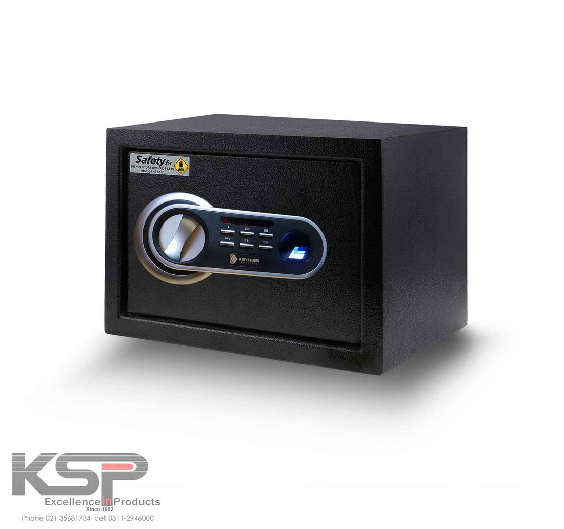 Black security safe with open door showing red interior shelves and fingerprint keypad Digital Biometric Locker EB-25