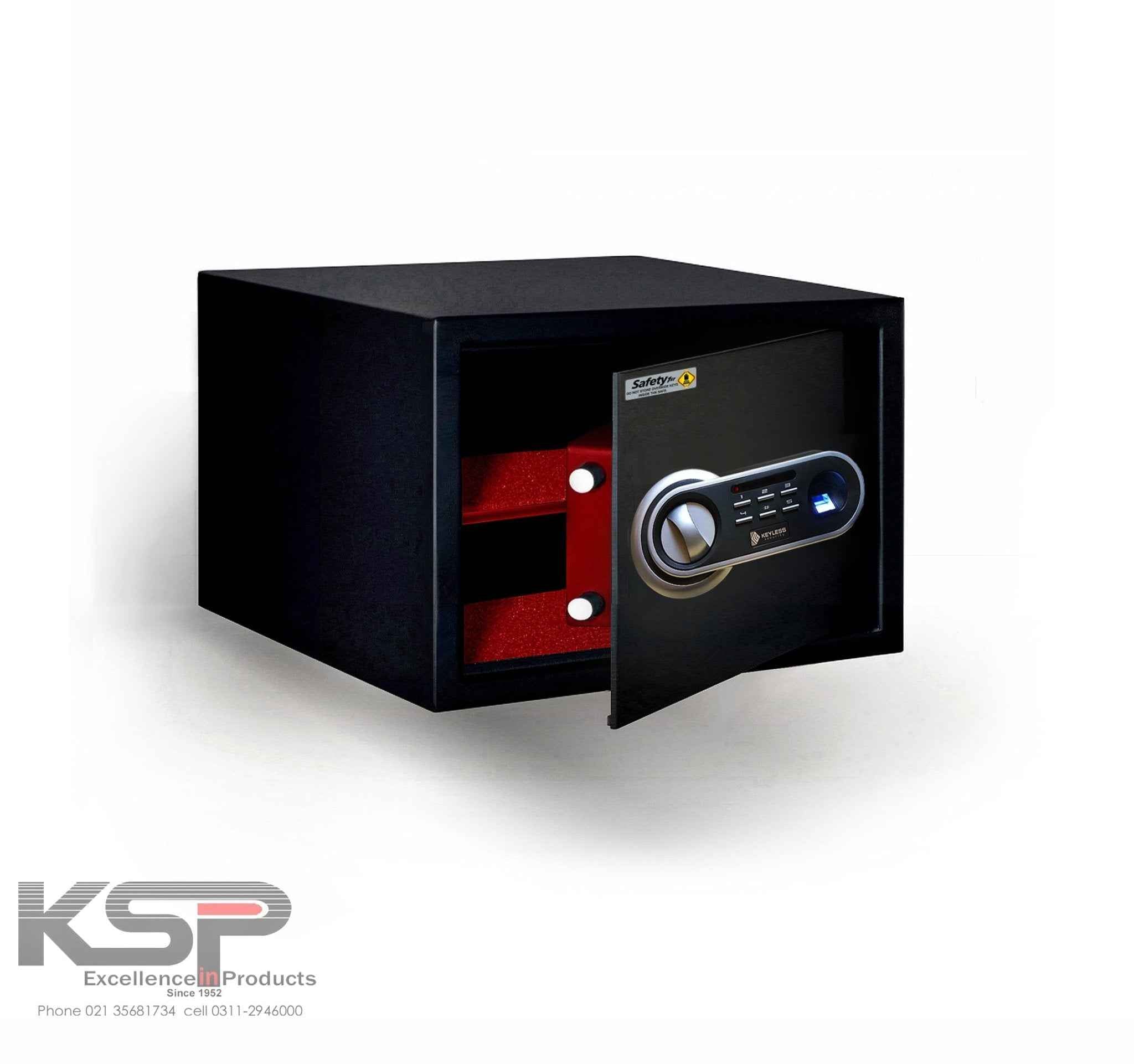 Black security safe with open door showing red interior shelves and fingerprint keypad Digital Biometric Locker EB-25