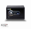 Black security safe with open door showing red interior shelves and fingerprint keypad Digital Biometric Locker EB-25
