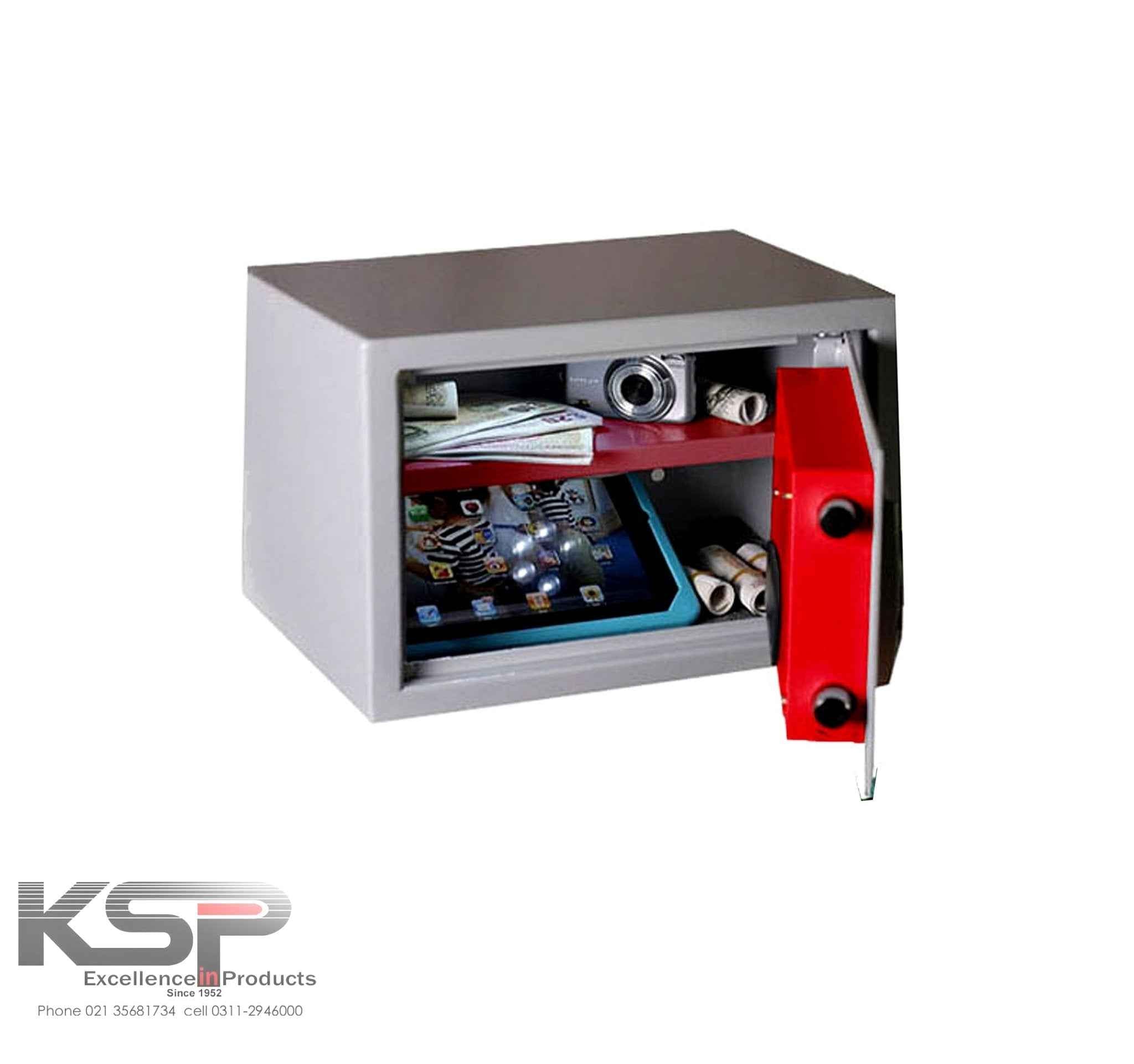 KSPSafe Vault Digital Biometric Locker EB-25 grey safe with red open door holding tablet camera cash and documents