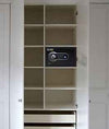 Black security safe with open door showing red interior shelves and fingerprint keypad Digital Biometric Locker EB-25