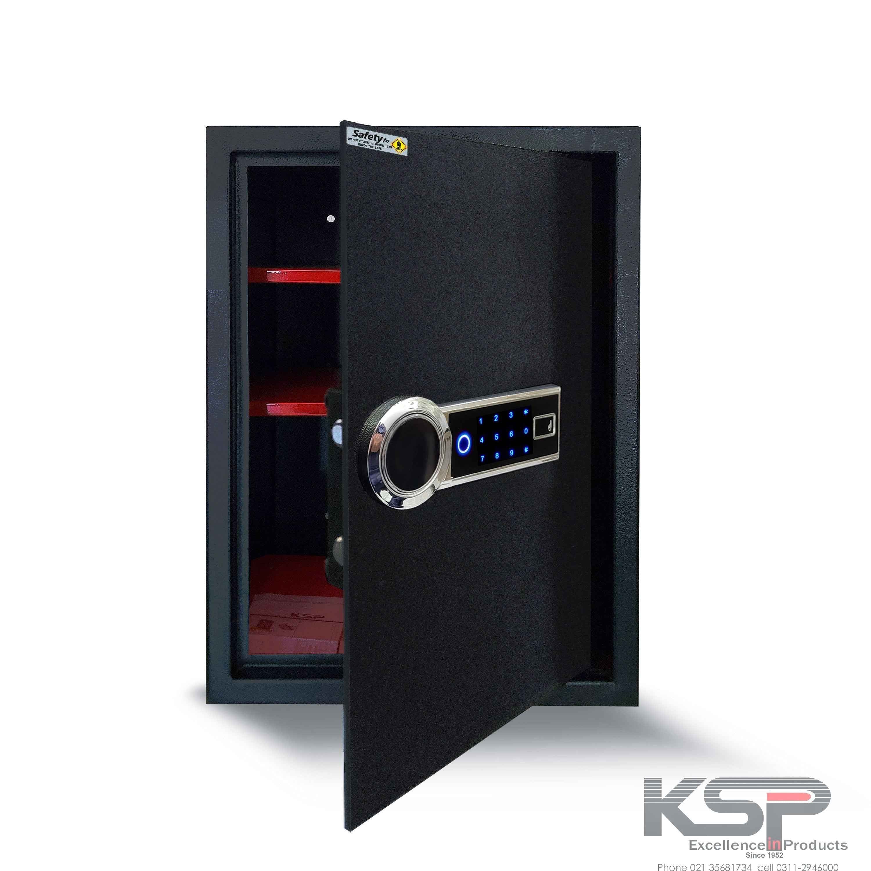 KSPSafe wall safe open showing red interior shelves and illuminated keypad with fingerprint reader Digital Biometric Locker EB-50