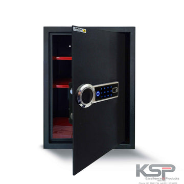KSPSafe wall safe open showing red interior shelves and illuminated keypad with fingerprint reader Digital Biometric Locker EB-50