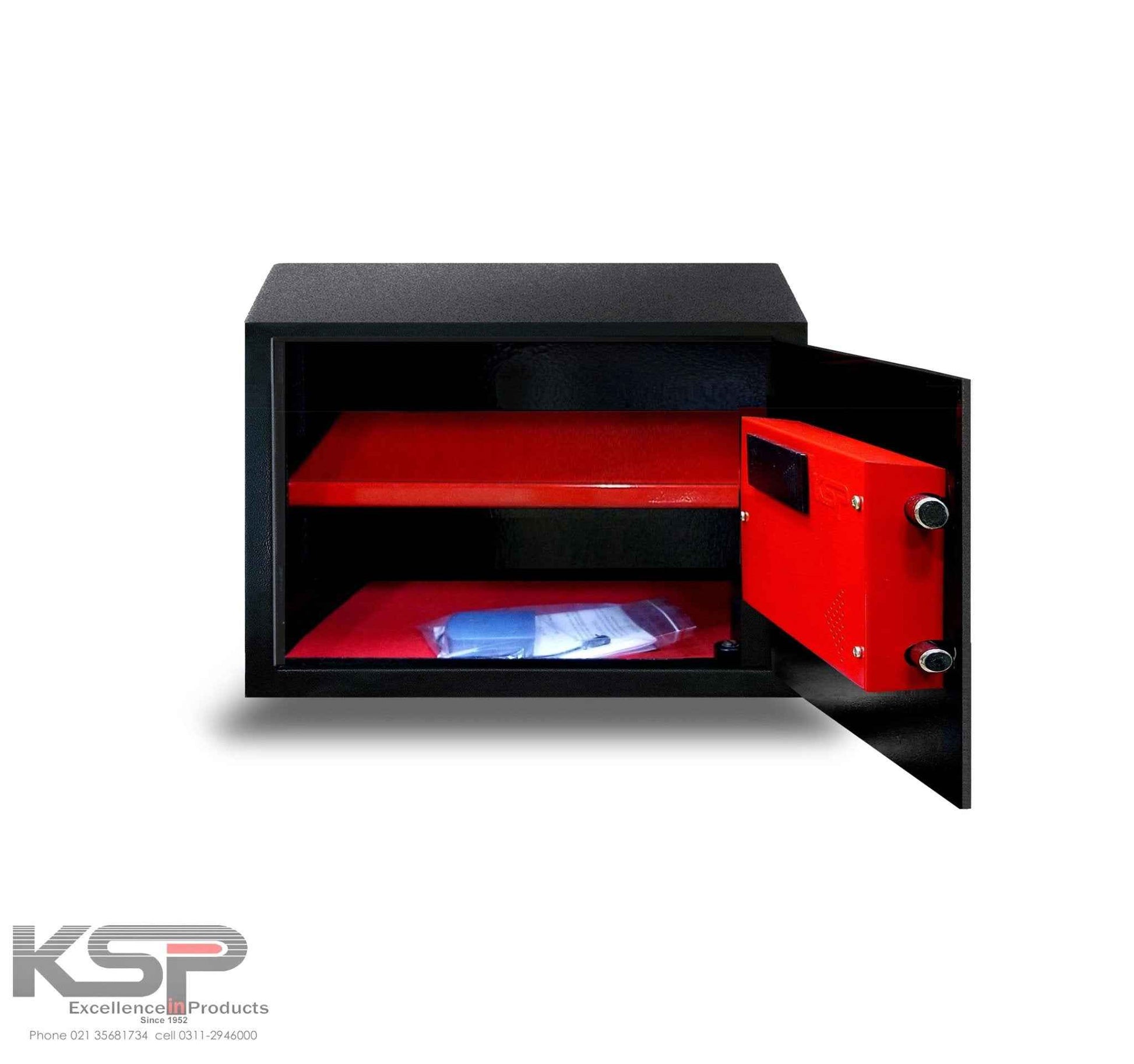 Digital Biometric Locker EBN 25 black safe with red interior shelf open door showing bolts and documents inside