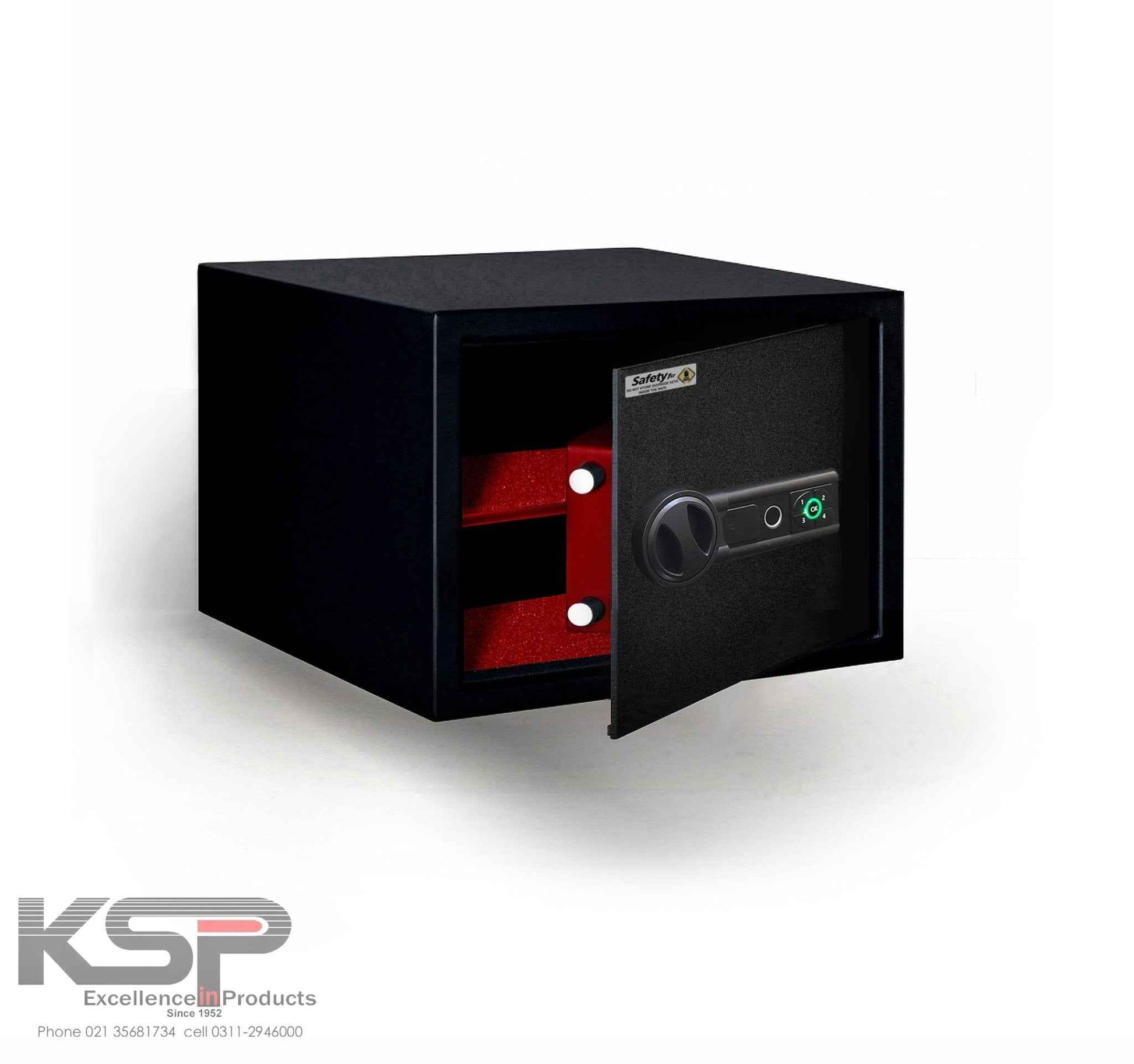 Digital Biometric Locker EBN 25 black security safe with open door and red felt interior shelves and biometric keypad