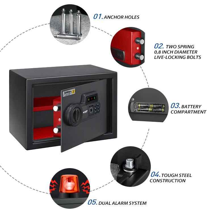 KSP Safe&Vault Digital Biometric Locker EBN-25 with anchor holes, dual locking bolts, battery compartment, steel construction, and alarm system