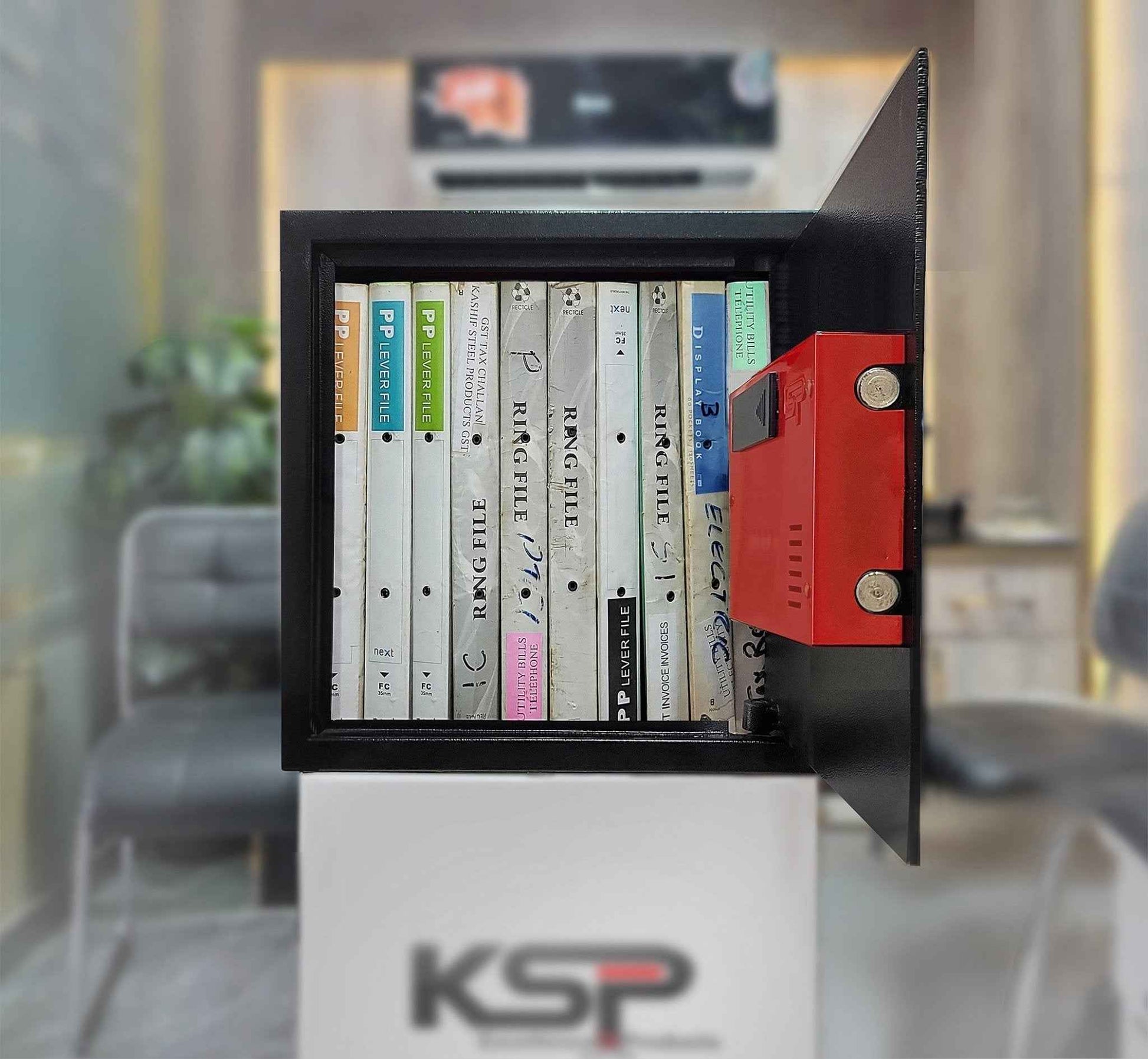 Digital Biometric Locker EBN-30 black safe open showing organized binders and red electronic lock mechanism