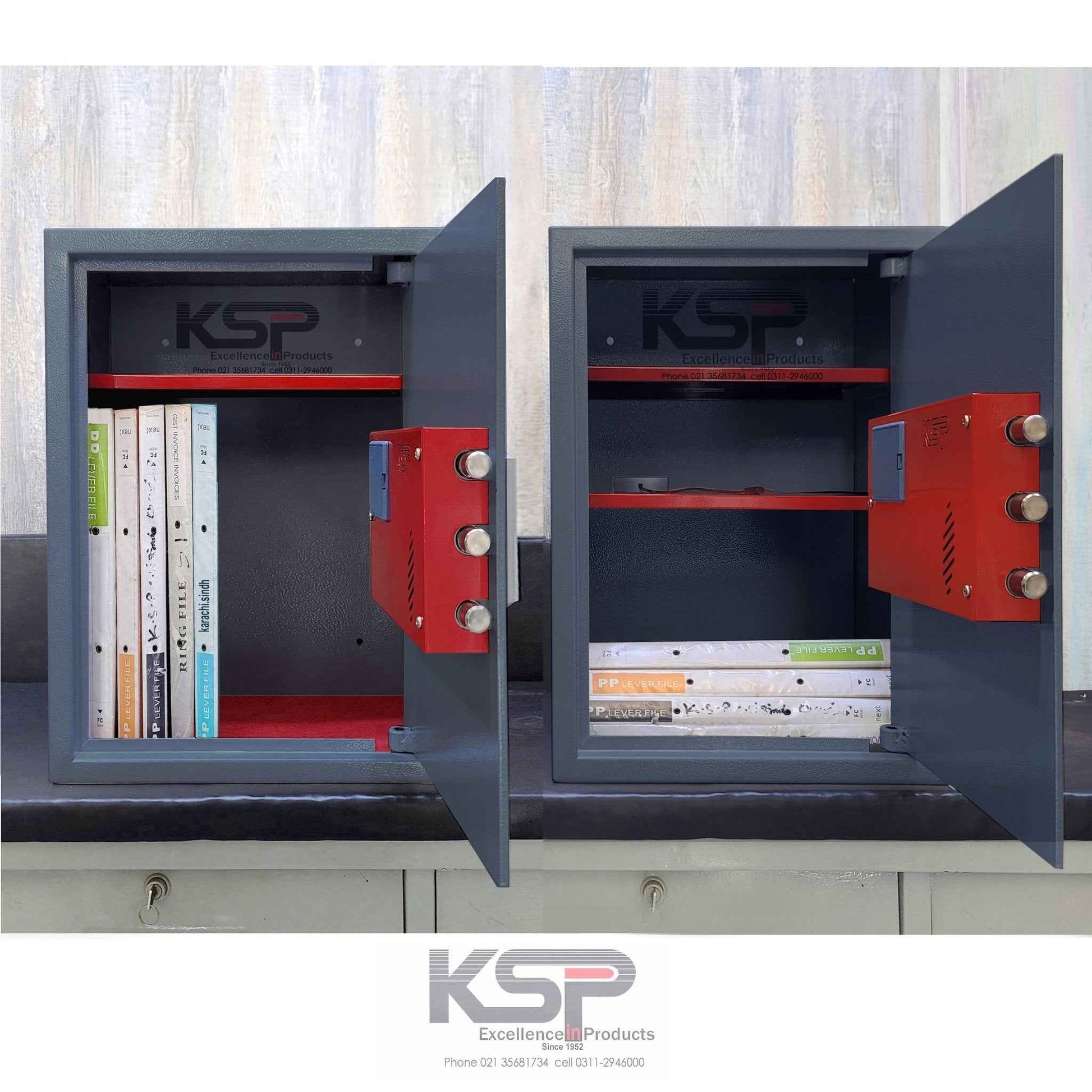 Two open gray security safes with red locking module and shelves holding books Digital Biometric Locker EBN-50