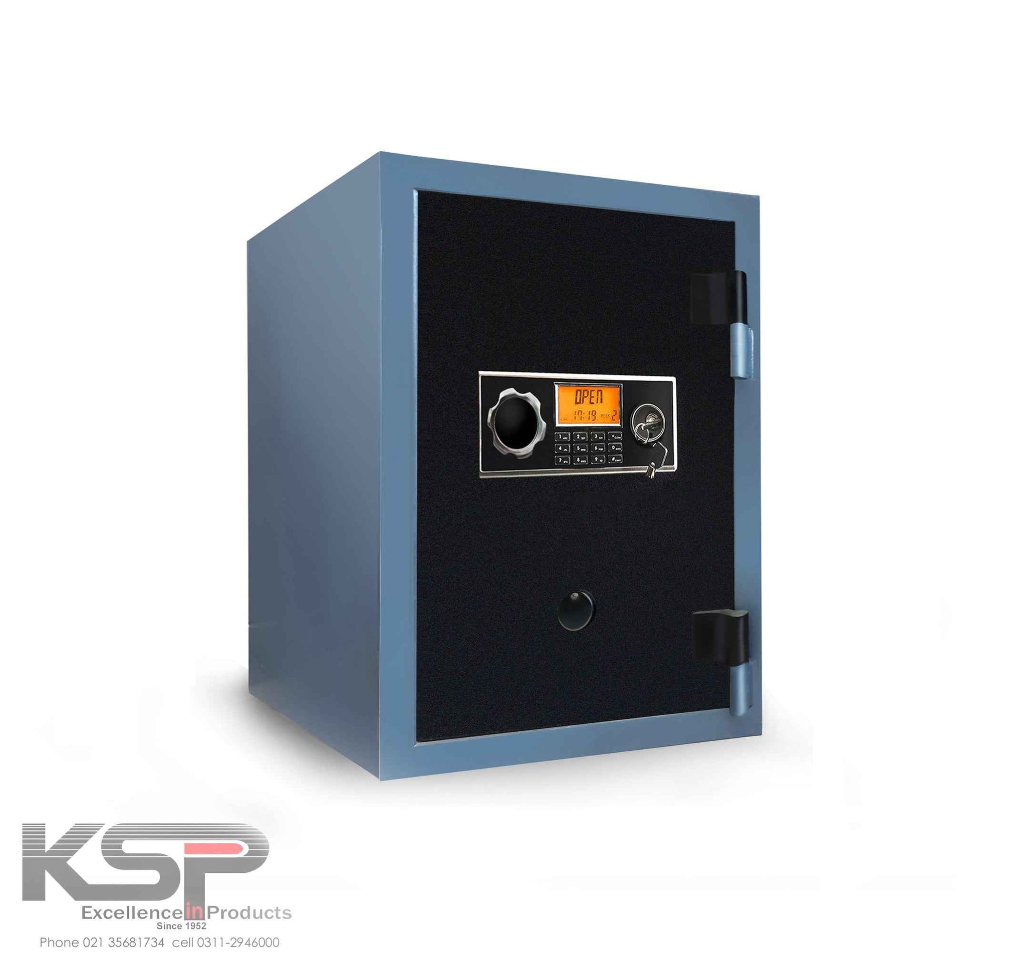 KSP compact security safe with digital keypad and dial display Digital Fire Resistence FRD-24 black front blue body
