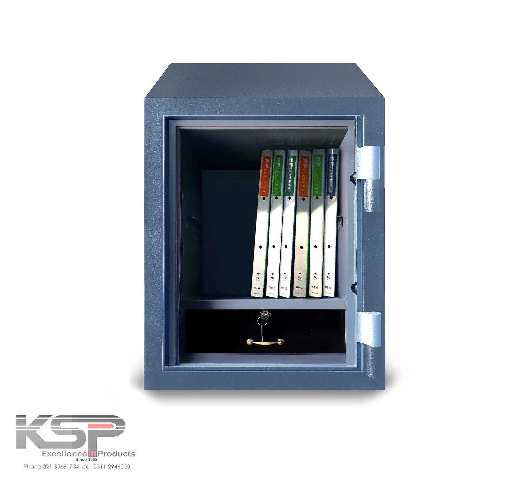 KSP security safe open showing shelves with binders and lock drawer in blue gray finish Digital Fire Resistence FRD-24