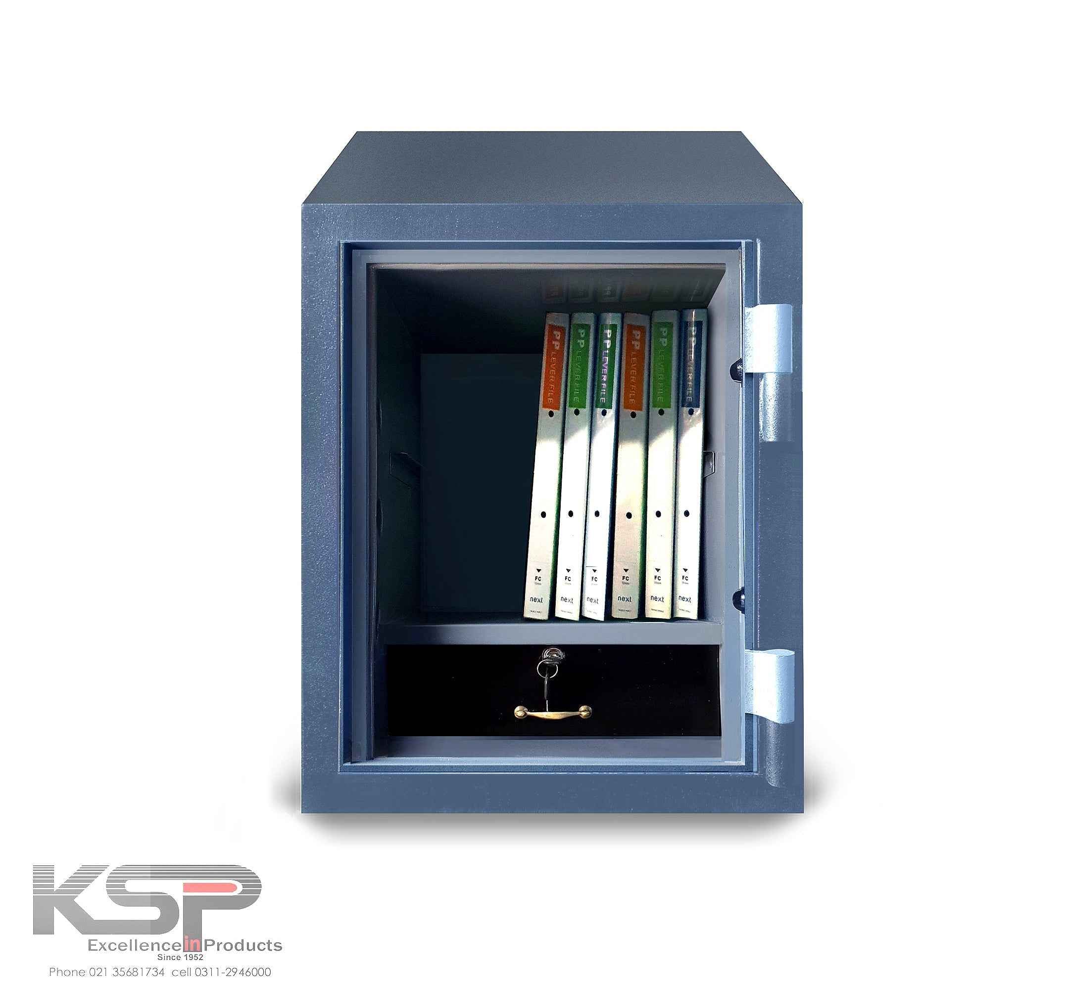 KSP security safe open showing shelves with binders and lock drawer in blue gray finish Digital Fire Resistence FRD-24