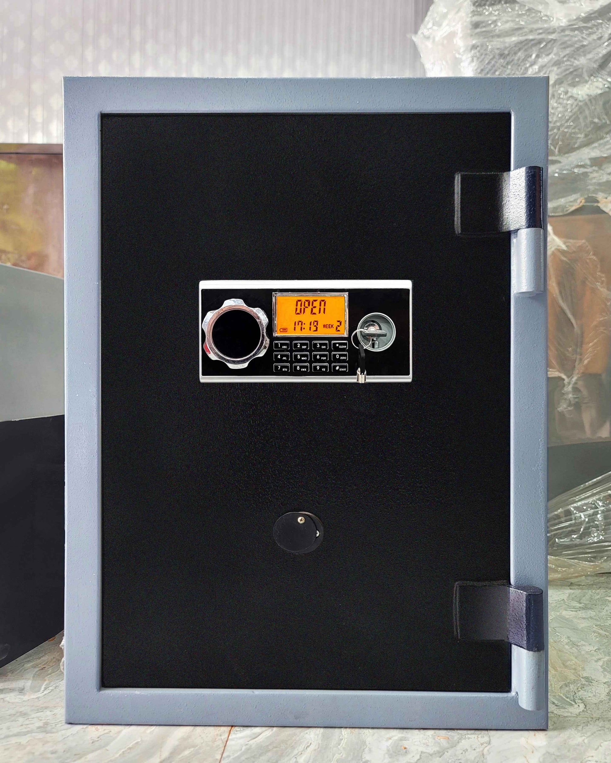 KSPSafe and Vault black safe with silver frame electronic keypad and dial Digital Fire Resistence FRD-28