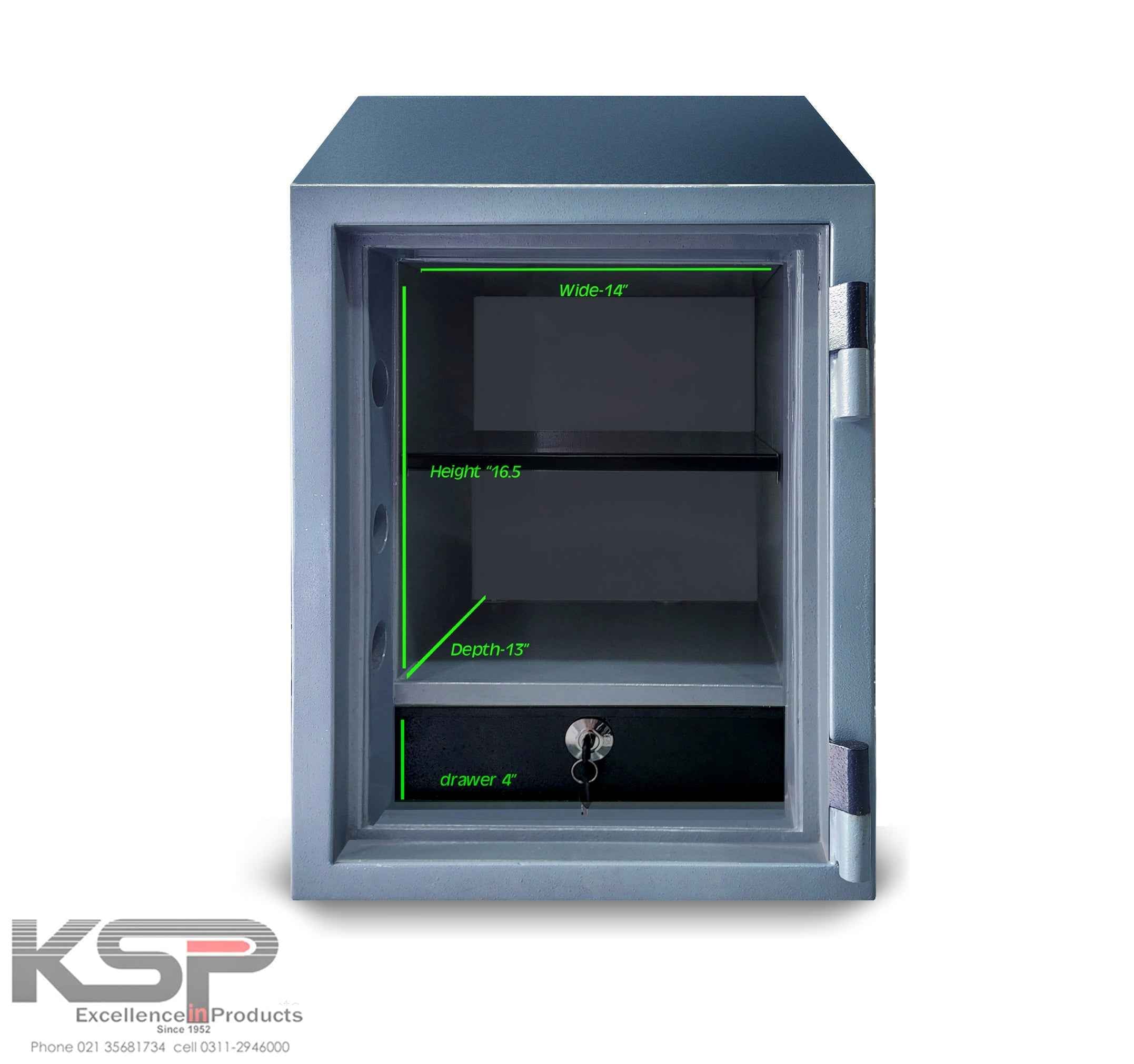 Front view security safe with open door interior shelves and drawer showing dimensions Digital Fire Resistence FRD-28