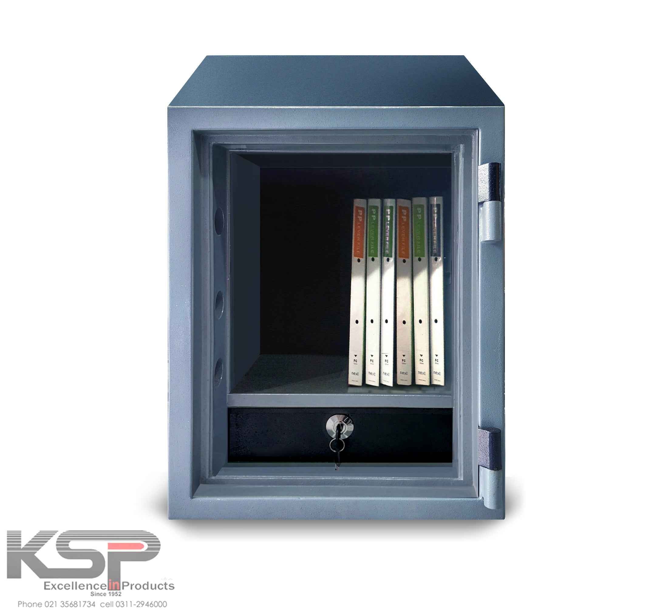 KSPSafe steel security safe open showing interior shelf with binders and key lock Digital Fire Resistence FRD-28