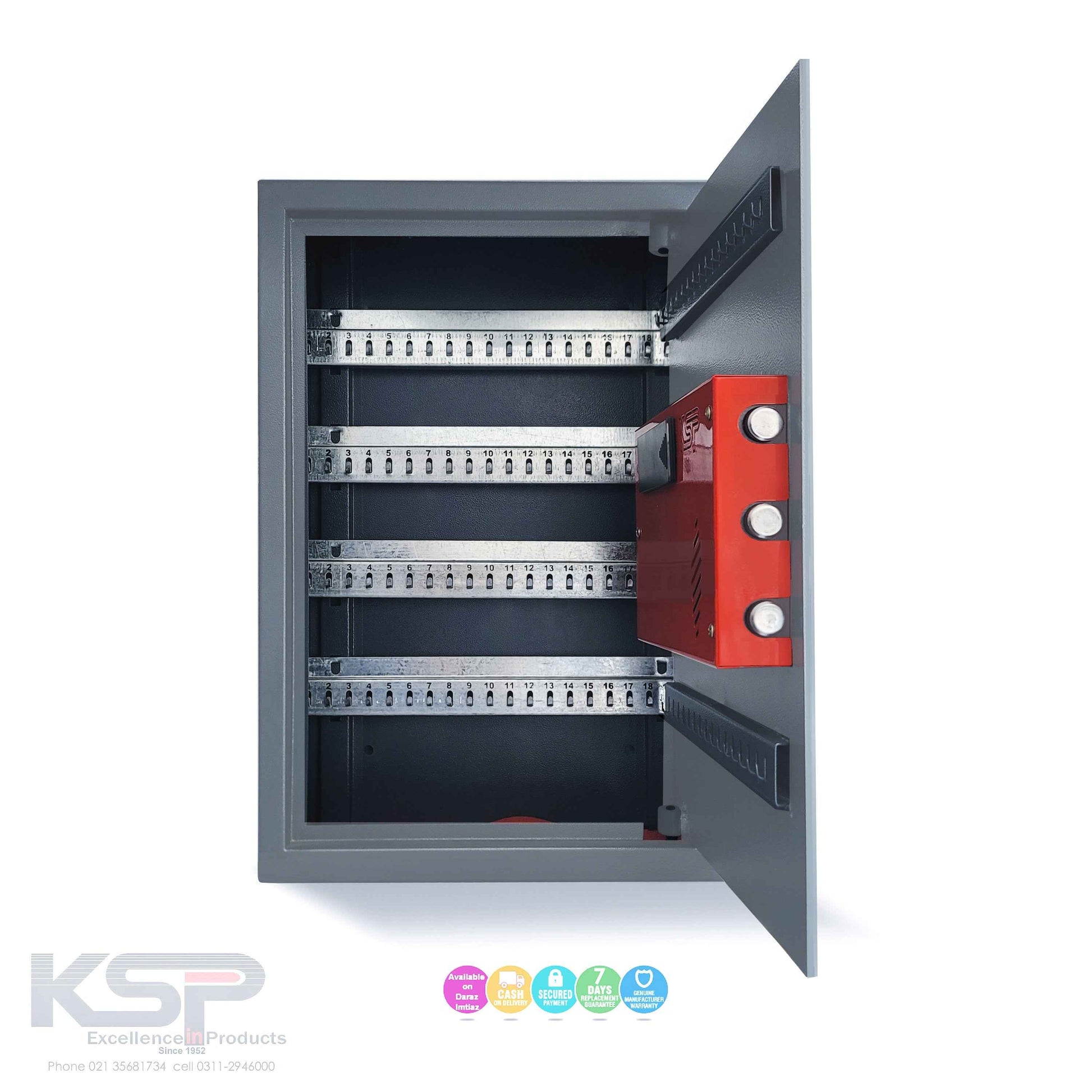 KSP Digital Key Cabinet Locker open gray metal box with four key strip rows and red three bolt lock