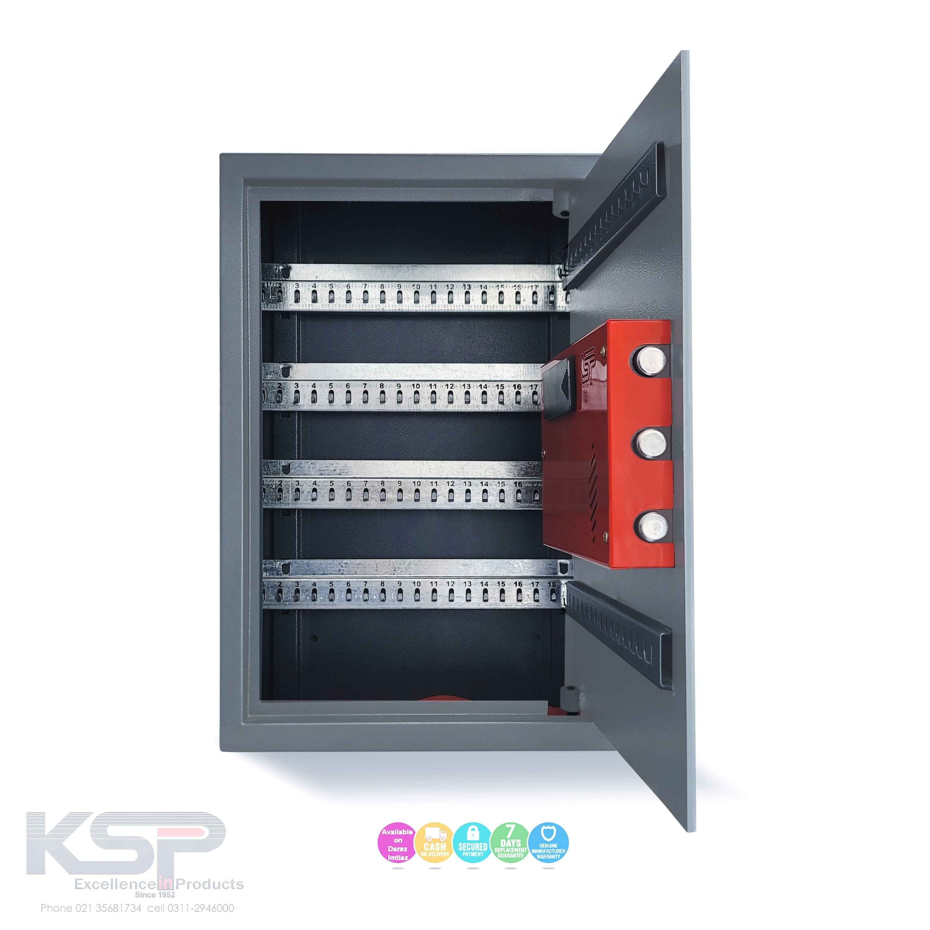 KSP Digital Key Cabinet Locker open gray metal box with four key strip rows and red three bolt lock